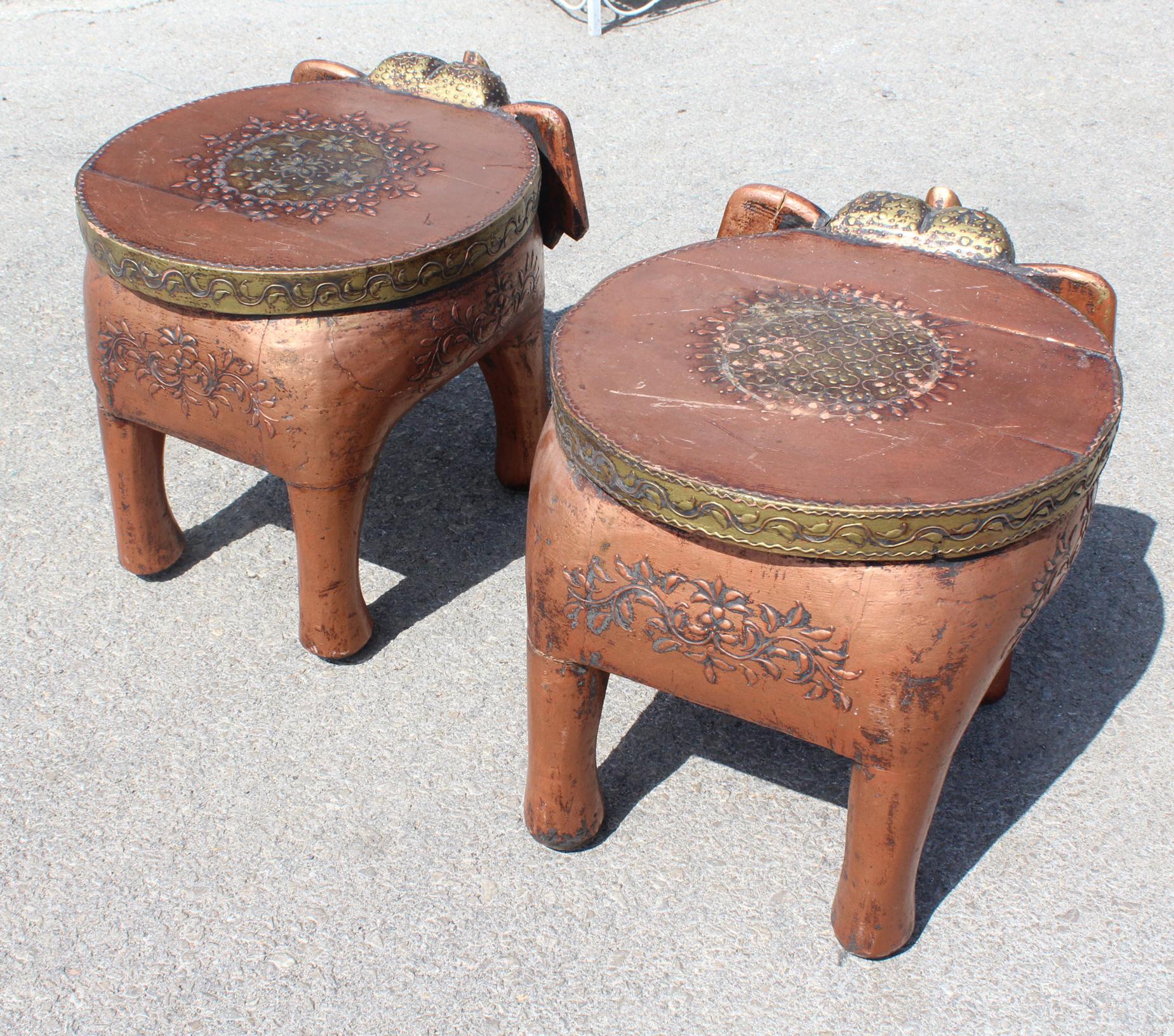 Polychromed Pair of Wooden Hand-Carved Indian Low Stools Representing Elephants