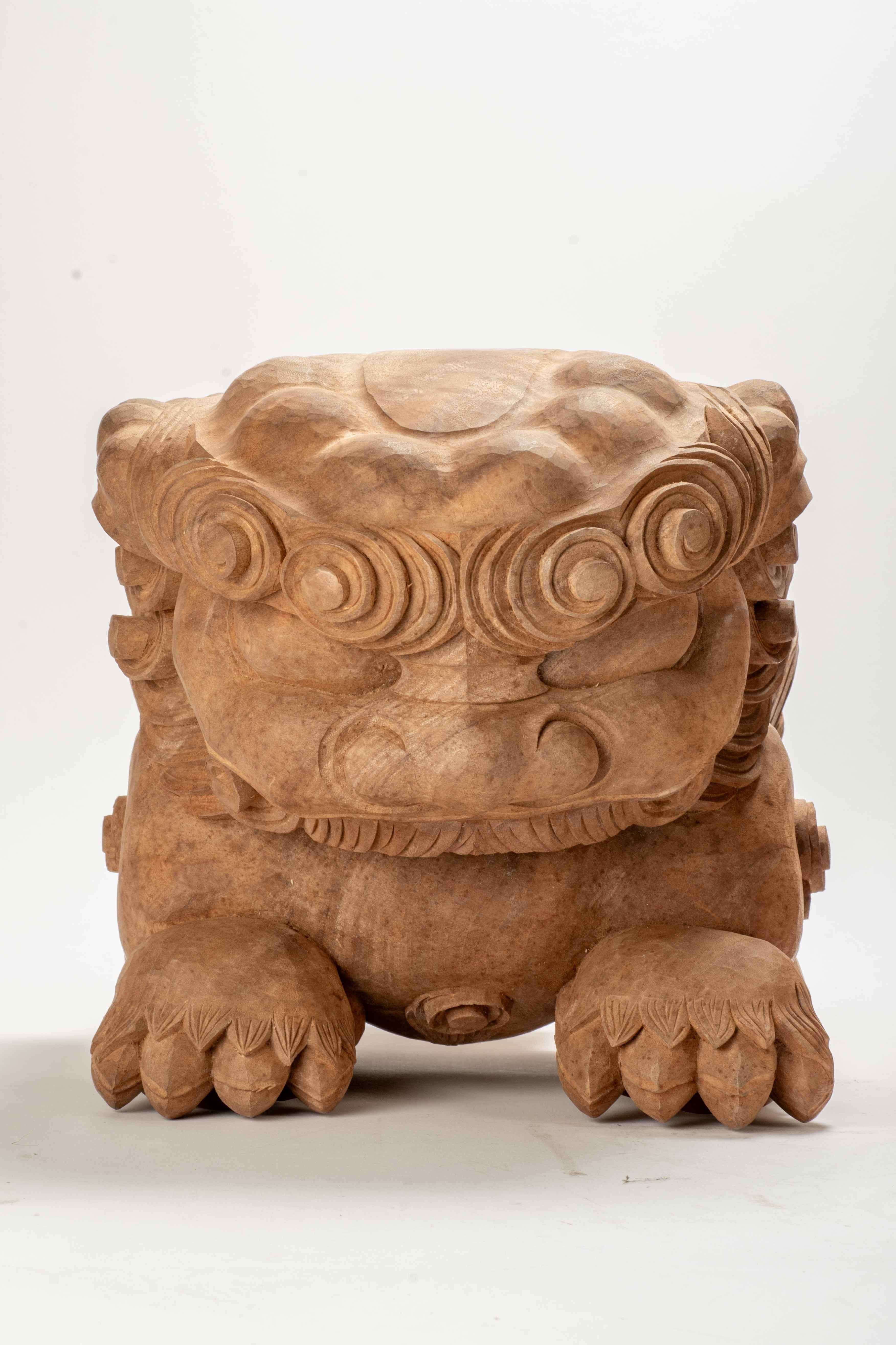 Japanese Pair Of Wooden Kibana Carved In The Shape Of A Shishi