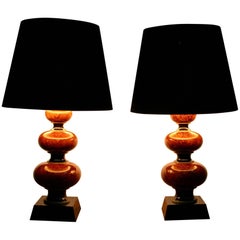 Pair of Wooden Lacquered Table Lamps in Orange or Brown and Black with Shades