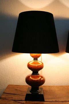 Pair of Wooden Lacquered Table Lamps in Orange or Brown and Black with Shades