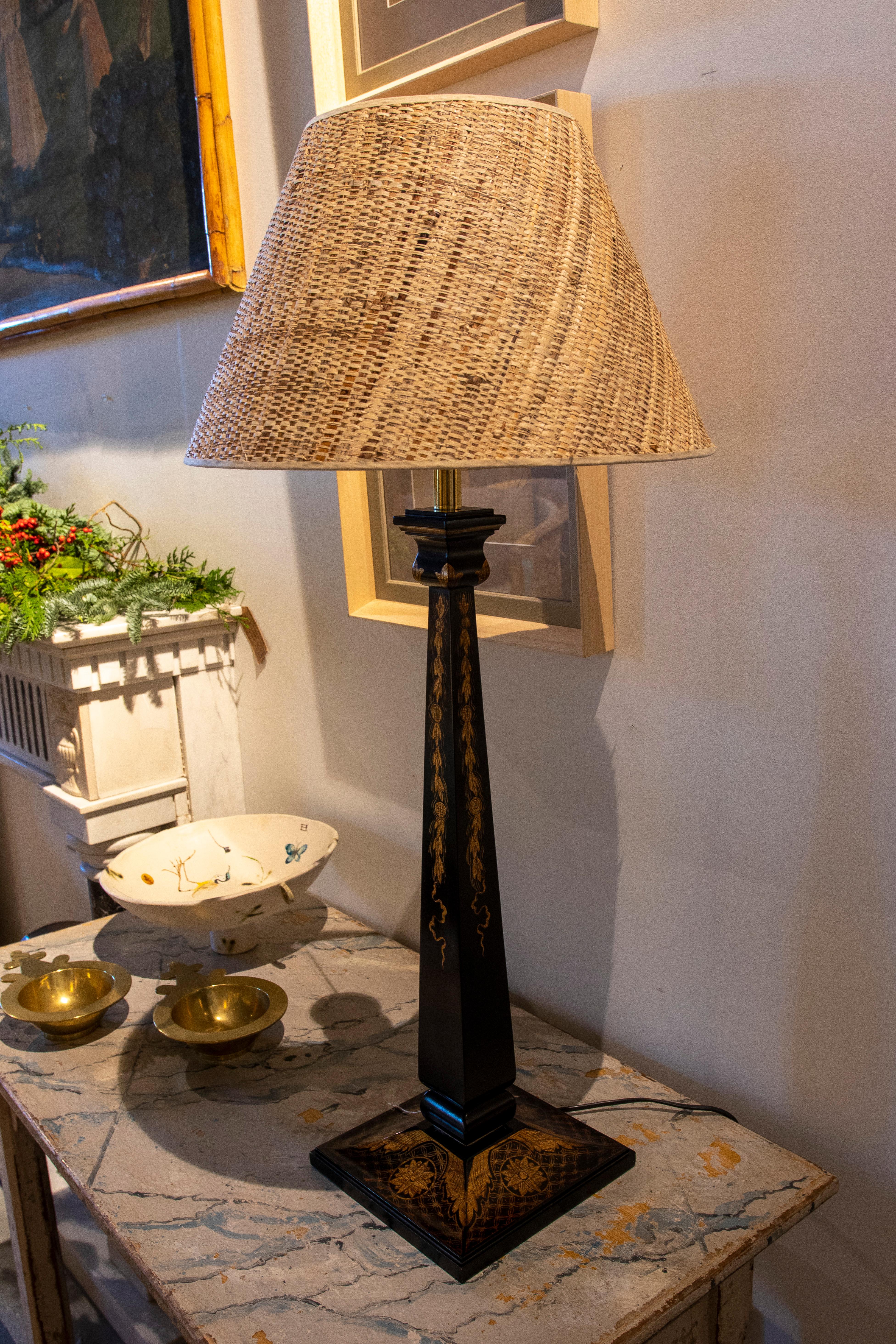 Hand-Painted Pair of Wooden Lamps in Black with Gold Flower Decoration