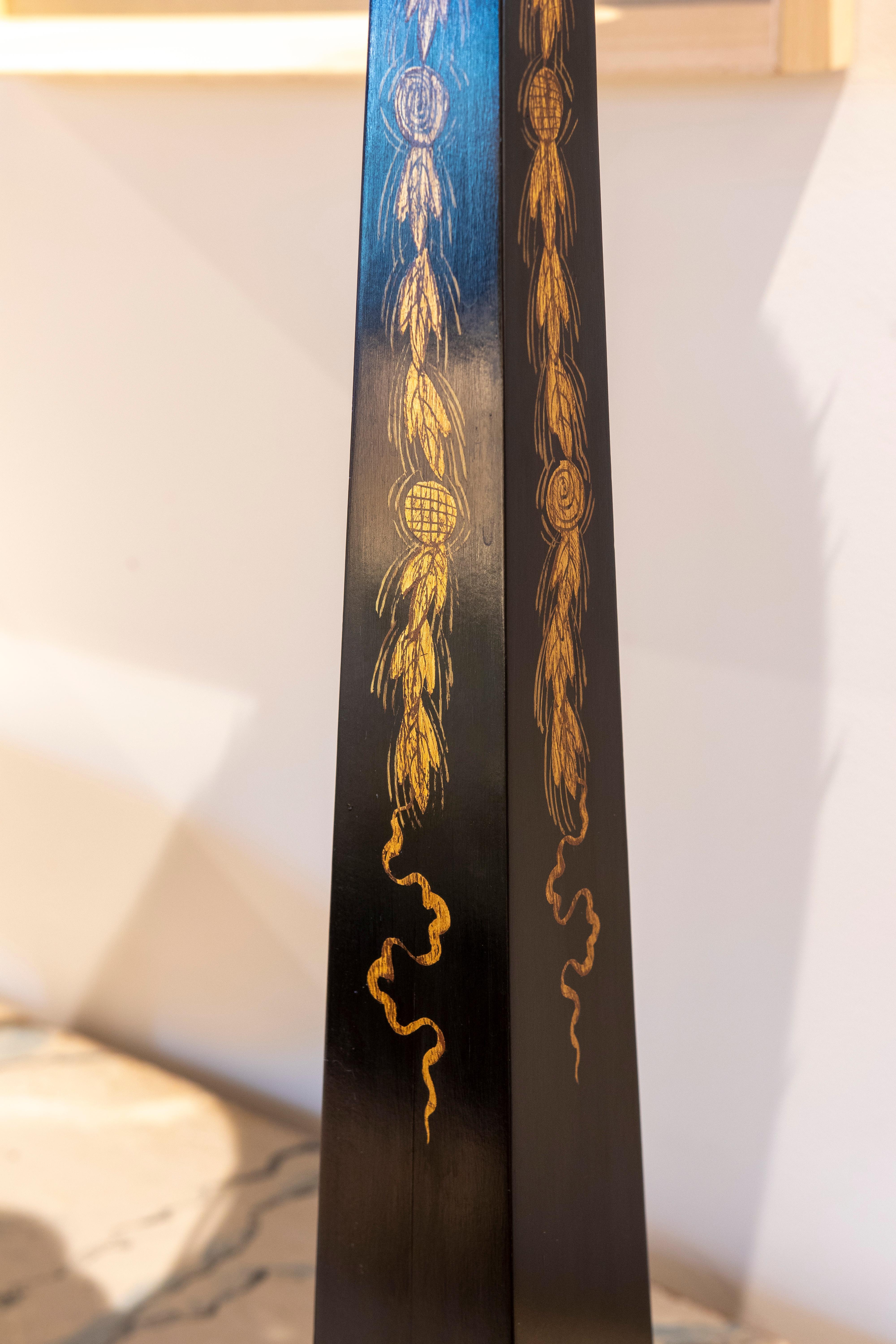 Pair of Wooden Lamps in Black with Gold Flower Decoration 2