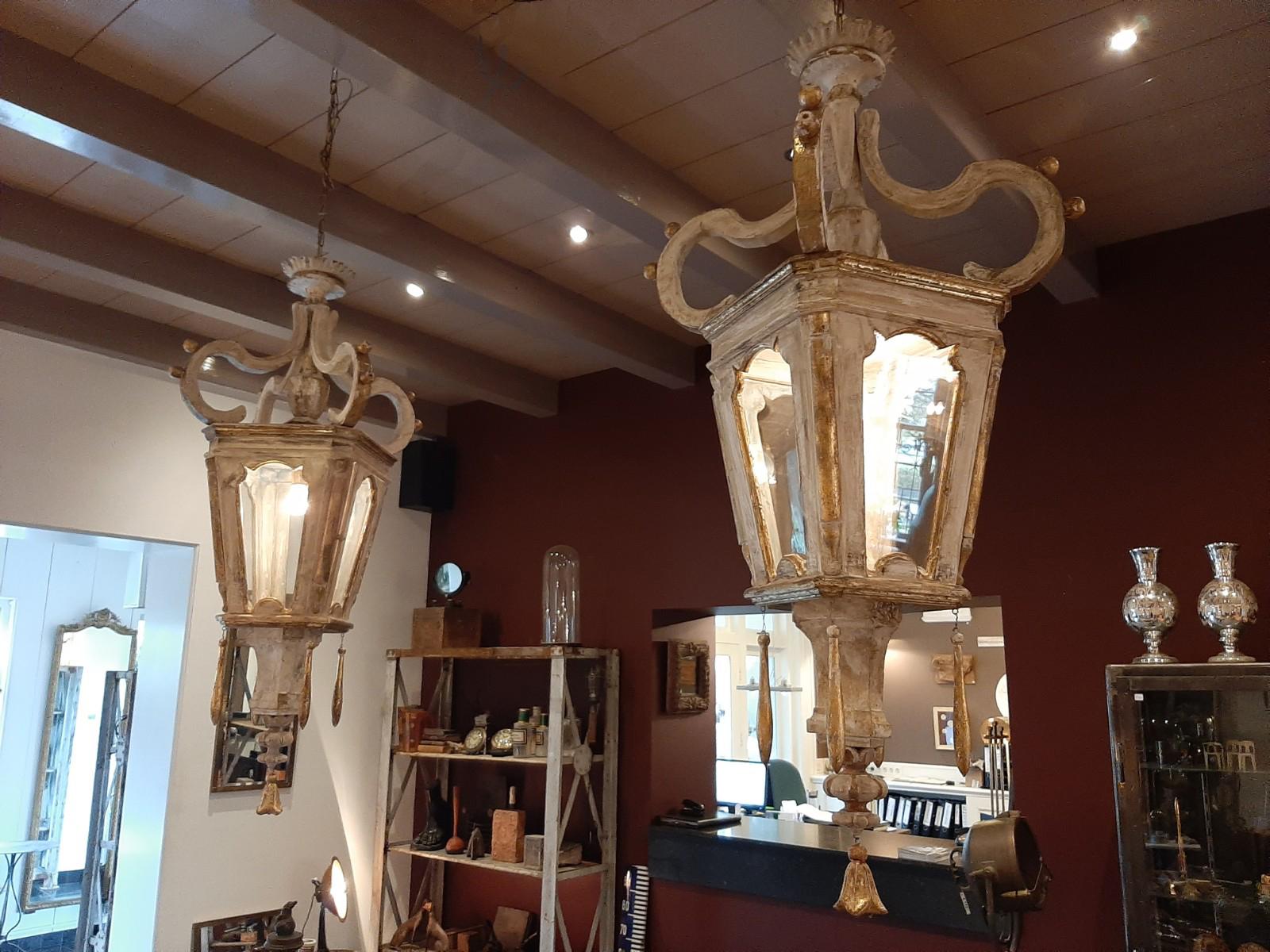 Glass Pair of Wooden Lanterns Made from 18th Century Fragments