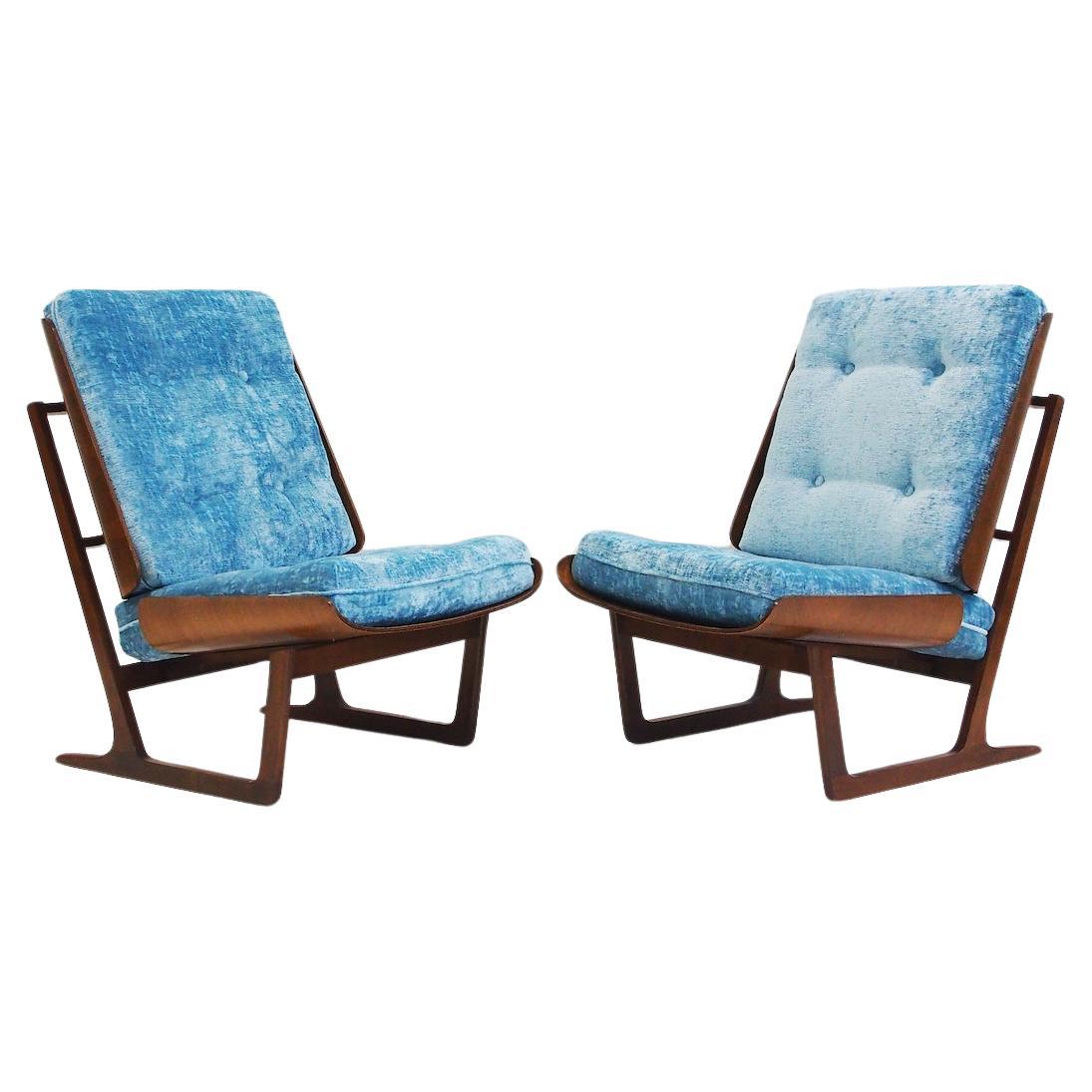 Pair of Wooden Lounge Chairs with Molded Plywood Backrest and Blue Upholstery