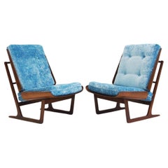 Pair of Wooden Lounge Chairs with Molded Plywood Backrest and Blue Upholstery