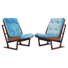 Pair of Wooden Lounge Chairs with Molded Plywood Backrest and Blue Upholstery