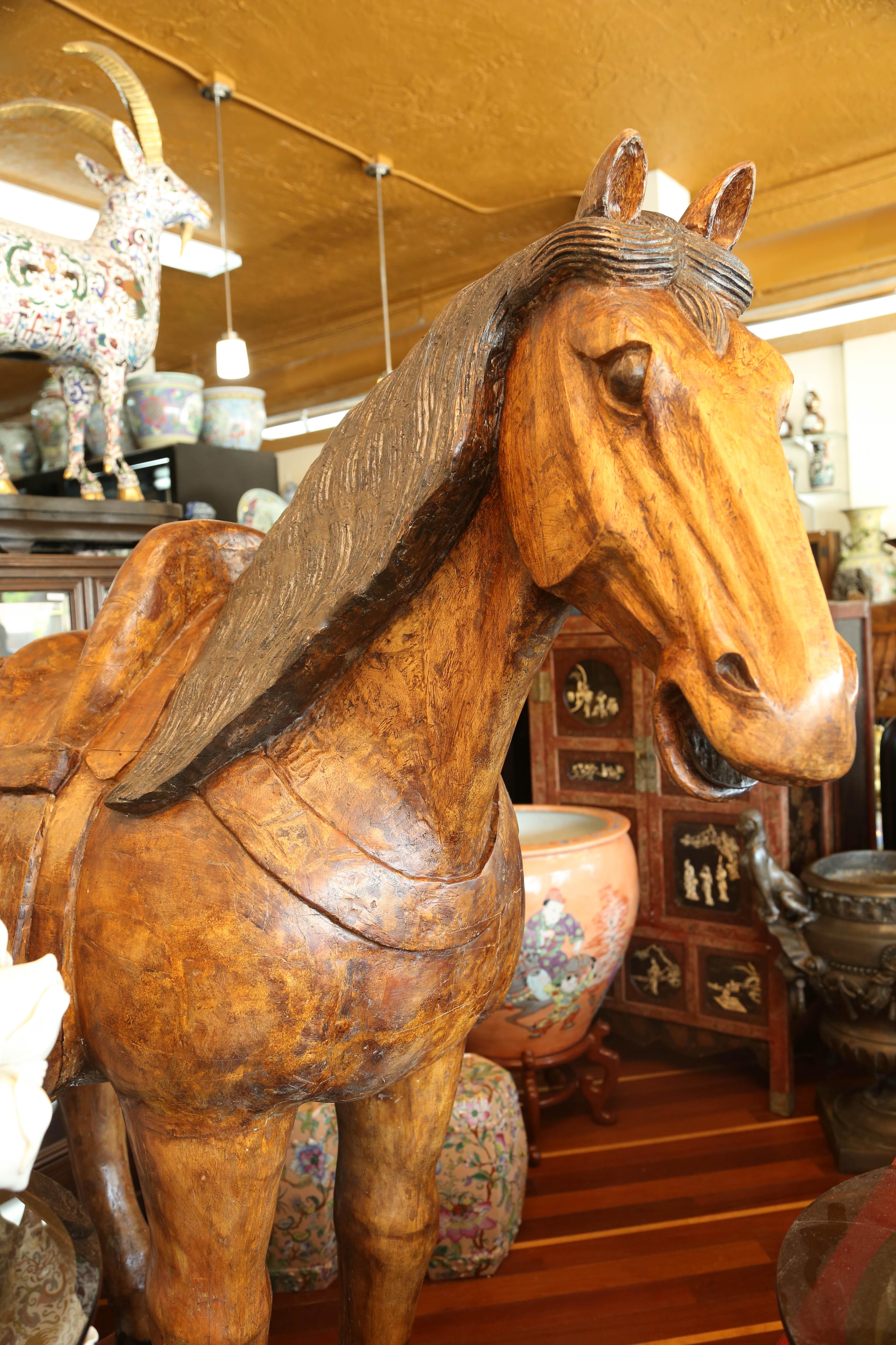 Late 19th Century Pair of Wooden Mongolian Horses Lifesize Ching Dynasty, Late 20th Century For Sale