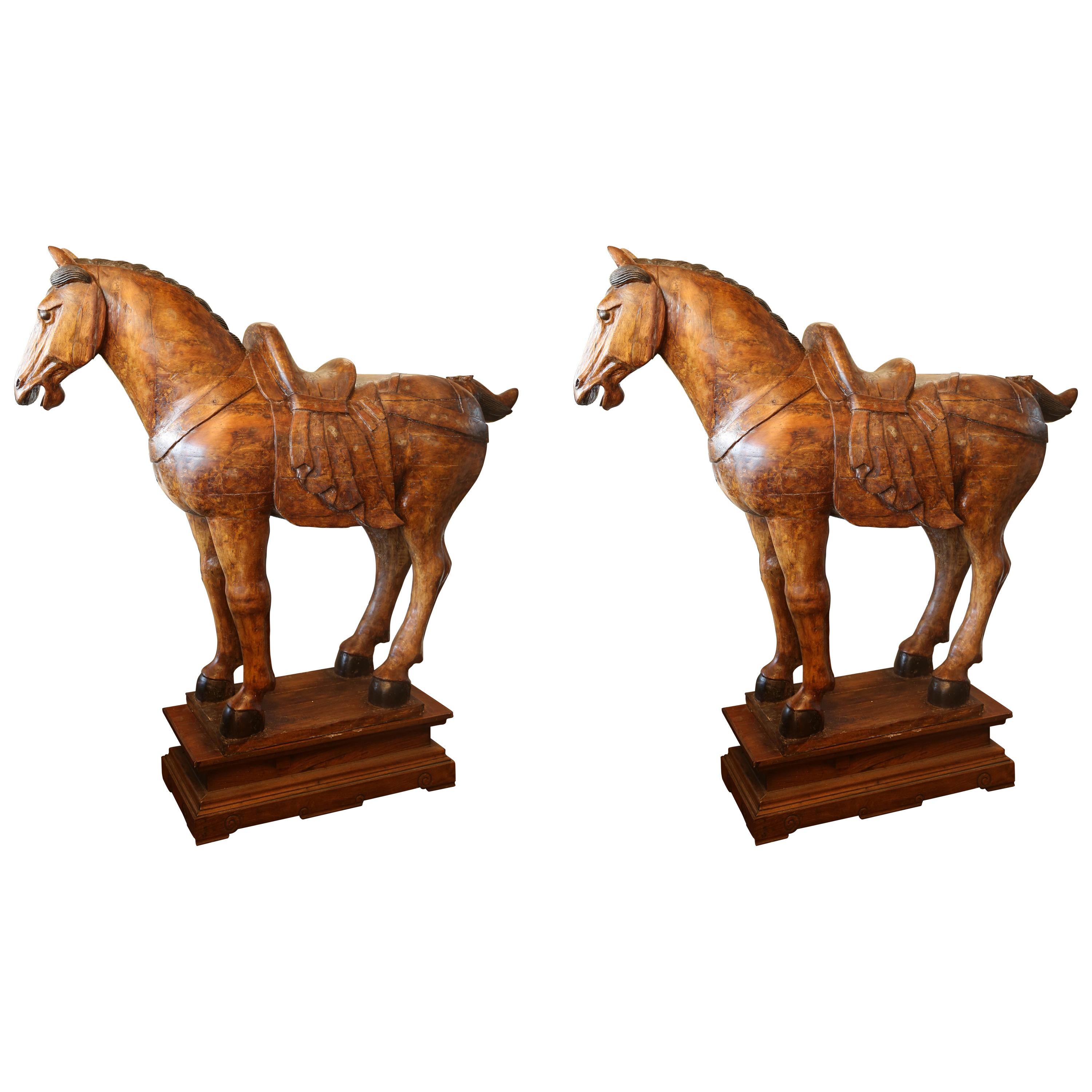 Pair of Wooden Mongolian Horses Lifesize Ching Dynasty, Late 20th Century For Sale
