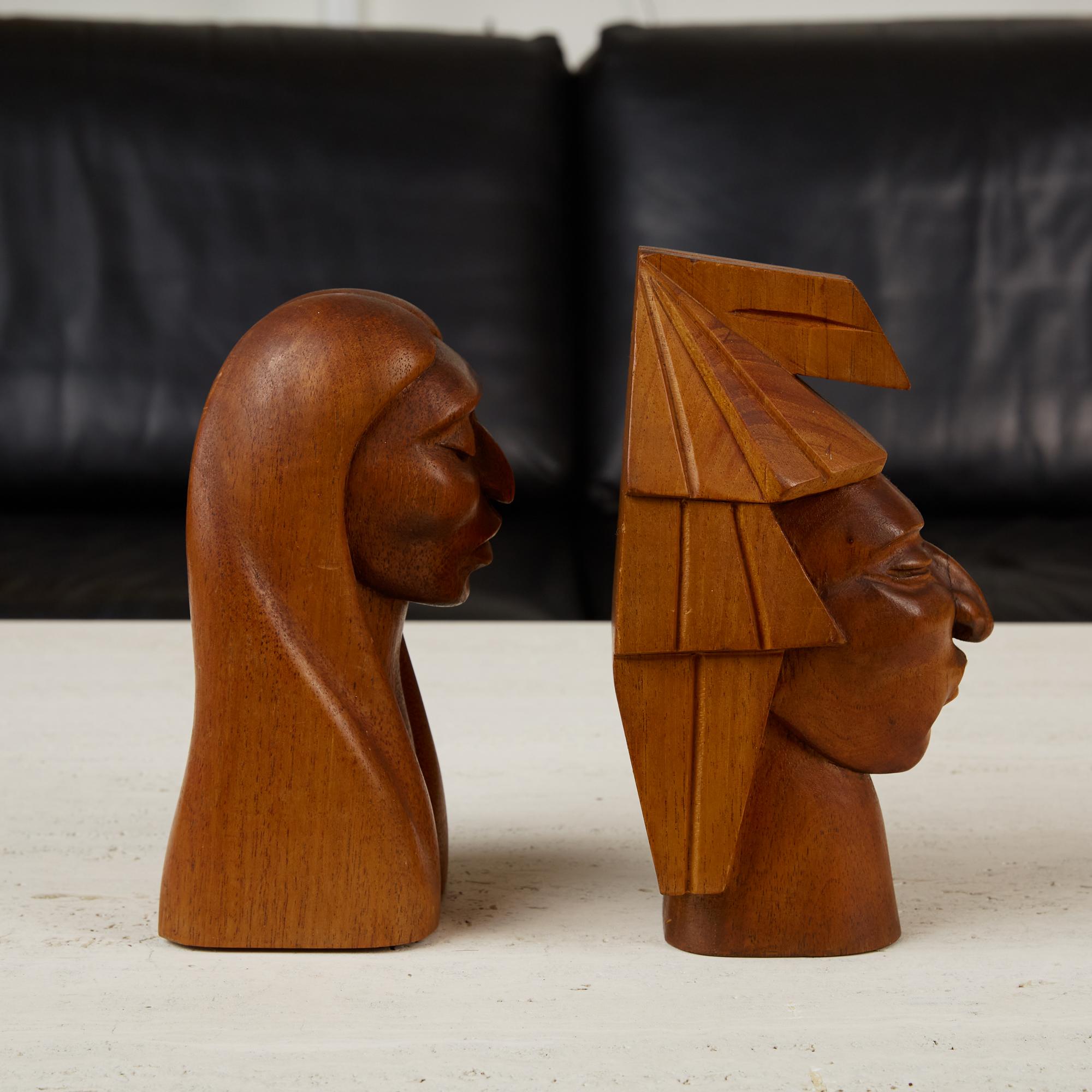 Mexican Pair of Wooden Native American Busts For Sale