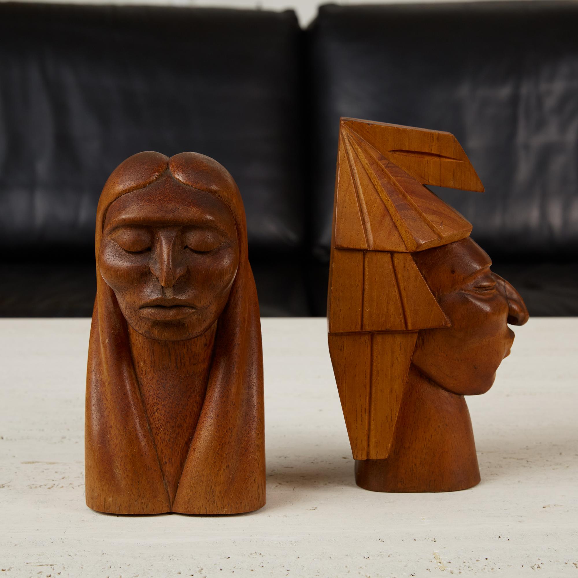 Hand-Carved Pair of Wooden Native American Busts For Sale