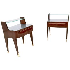 Pair of Midcentury Wooden Nightstands with a Crystal Shelf and Glass Top, Italy