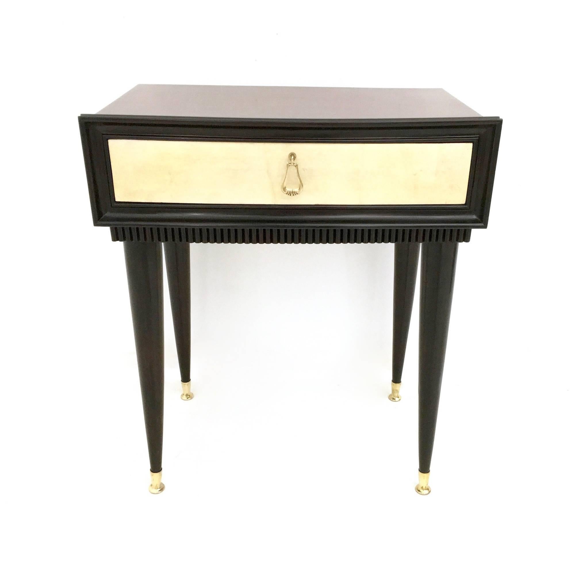 Ebonized Pair of Wooden Nightstands with Parchment Drawers, Italy, 1950s