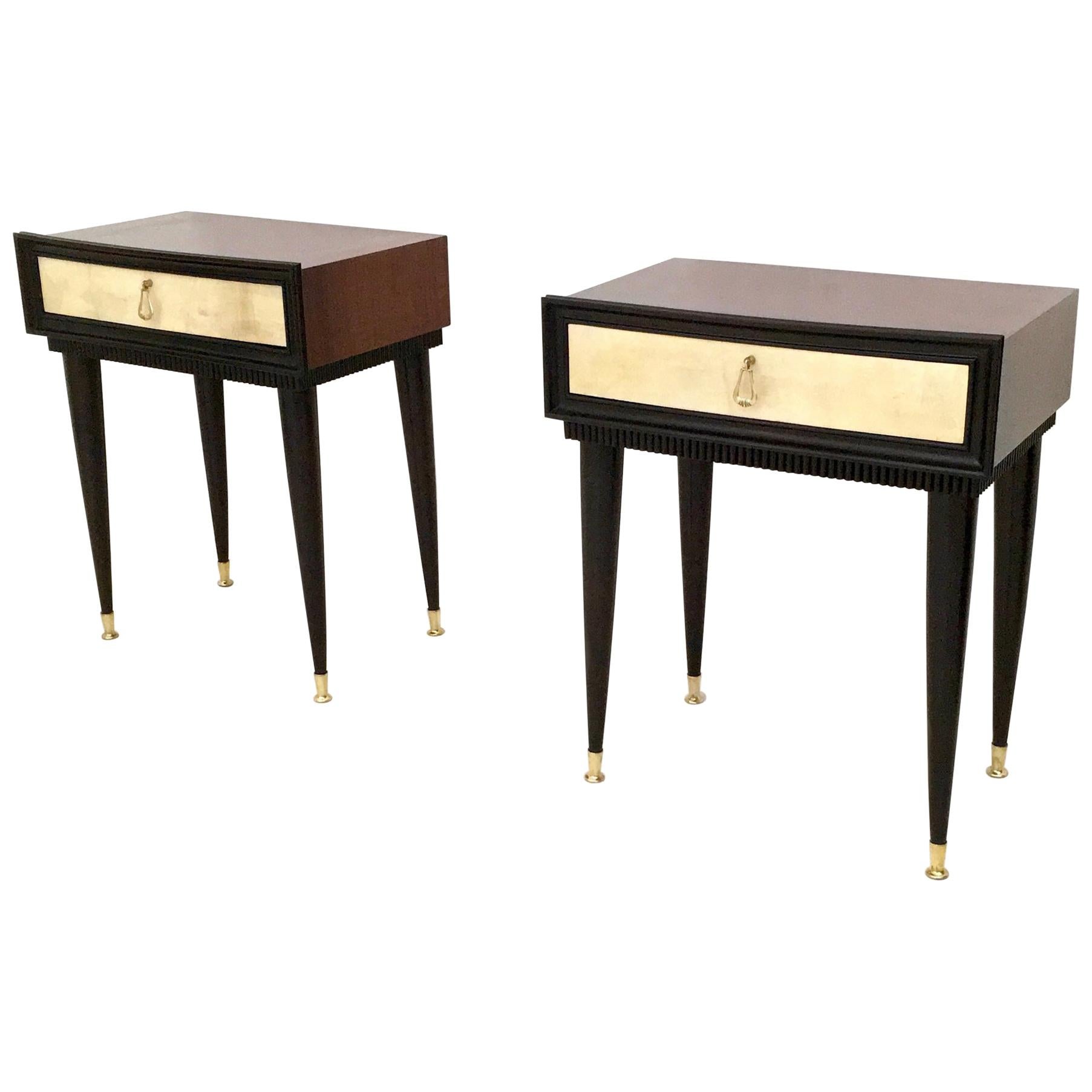 Pair of Wooden Nightstands with Parchment Drawers, Italy, 1950s