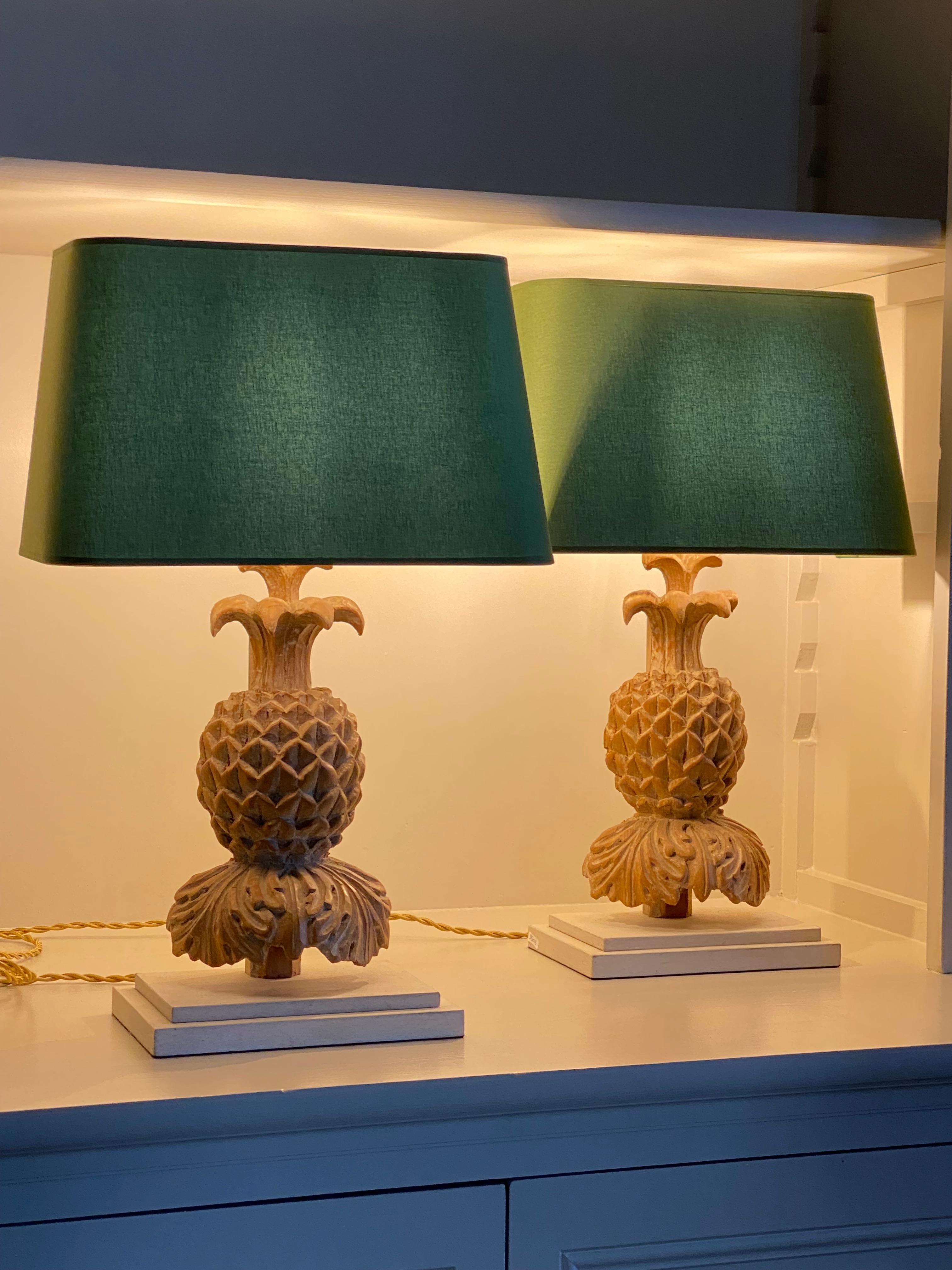 Elegant pair of french table lamps in the form of wooden pineapples,
with green lamp shades.