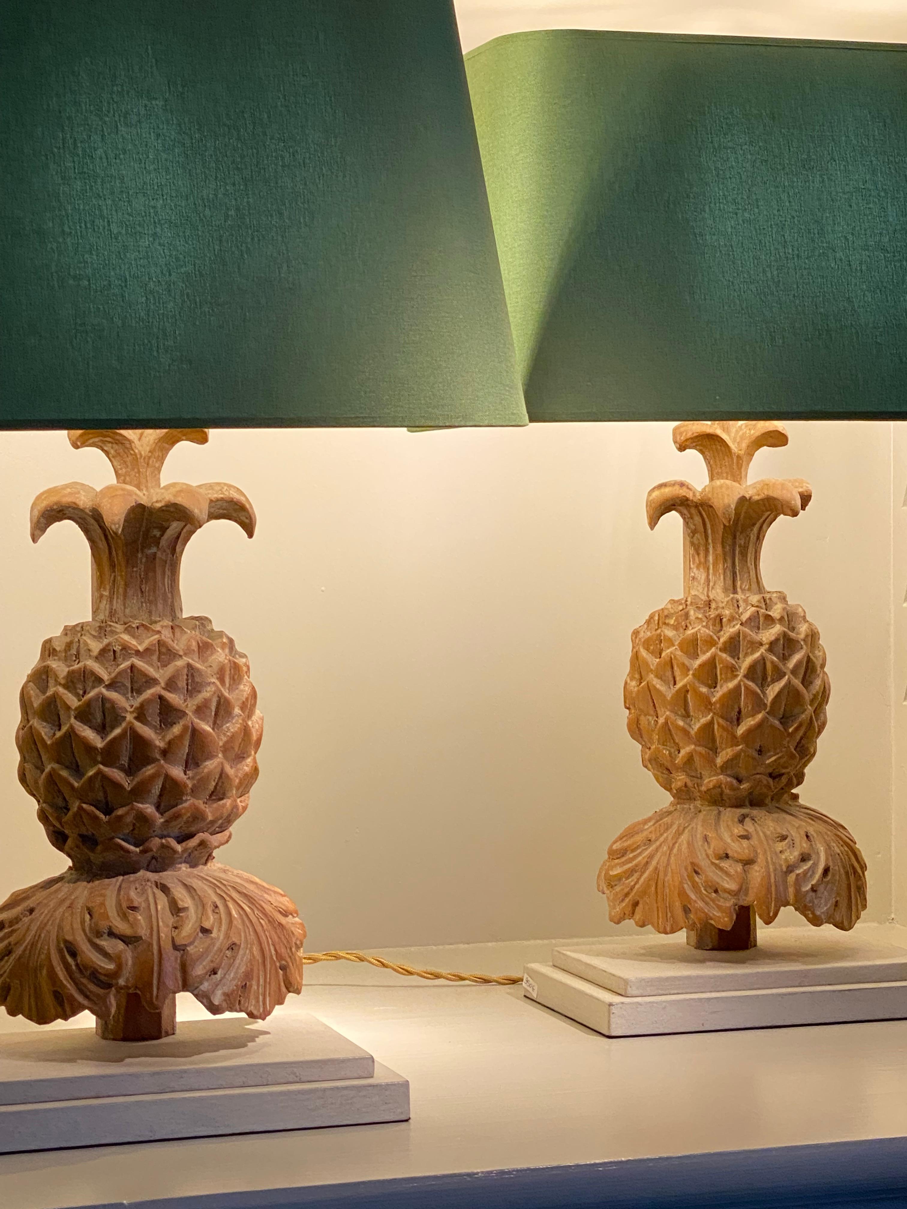 French Pair of Vintage Wooden Pineapple Table Lamps with Green Shades, France, 1970