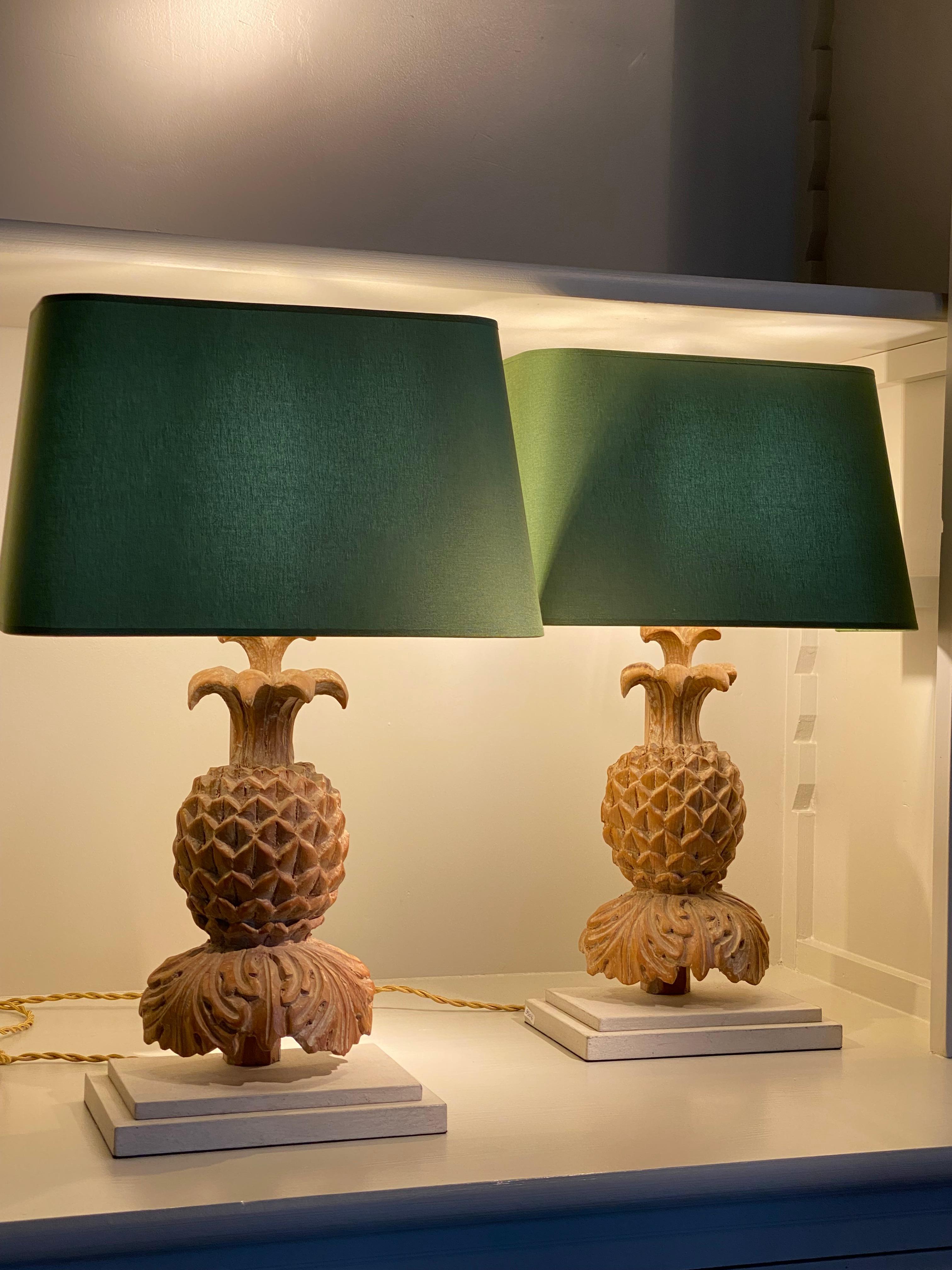 Patinated Pair of Vintage Wooden Pineapple Table Lamps with Green Shades, France, 1970