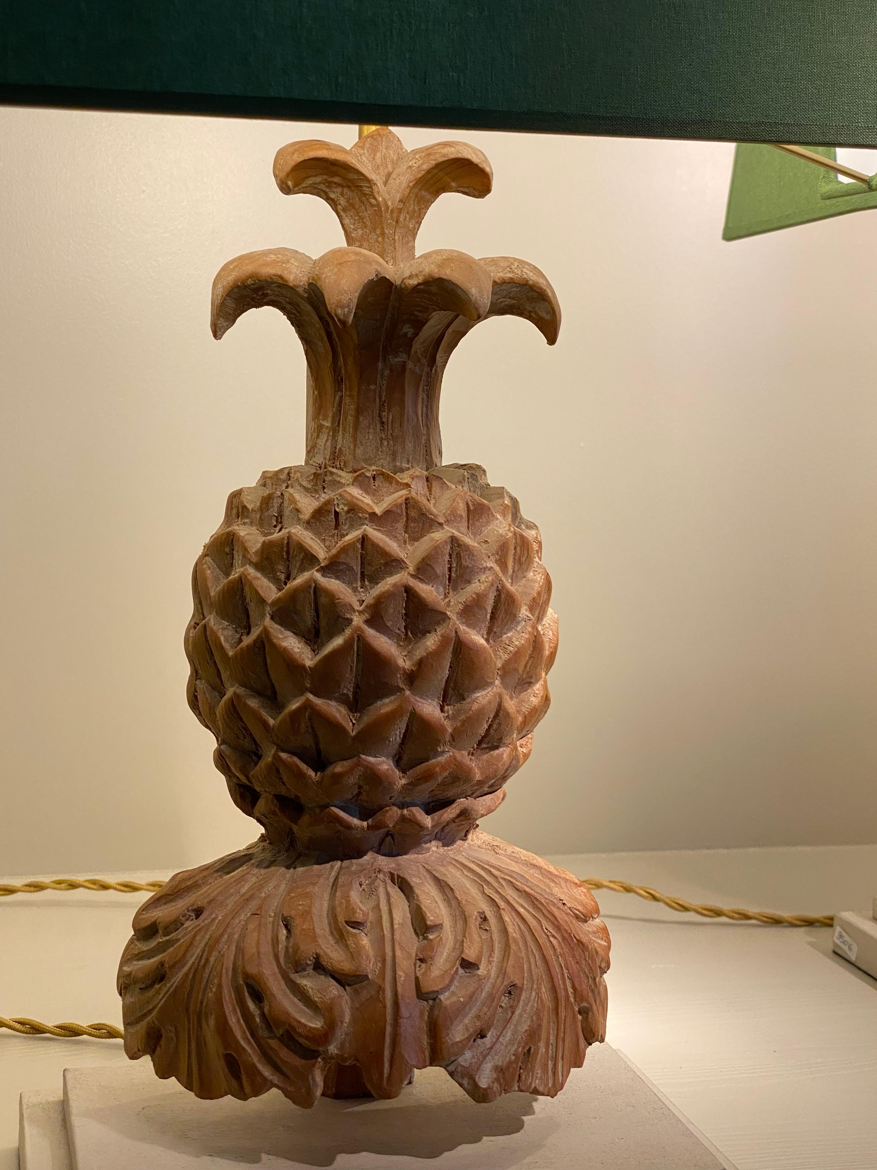 Pair of Vintage Wooden Pineapple Table Lamps with Green Shades, France, 1970 In Excellent Condition In Schellebelle, BE