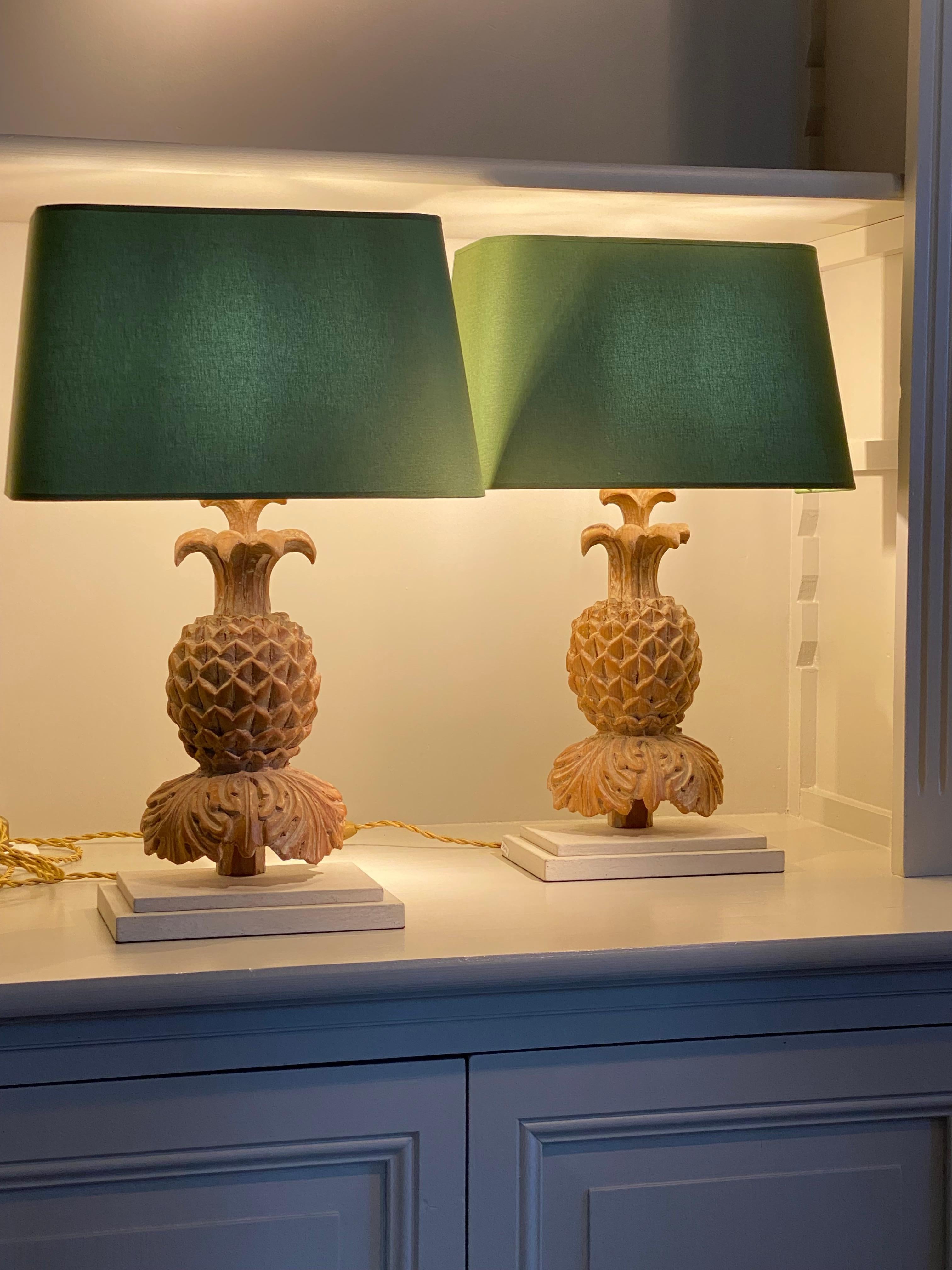 Fruitwood Pair of Vintage Wooden Pineapple Table Lamps with Green Shades, France, 1970