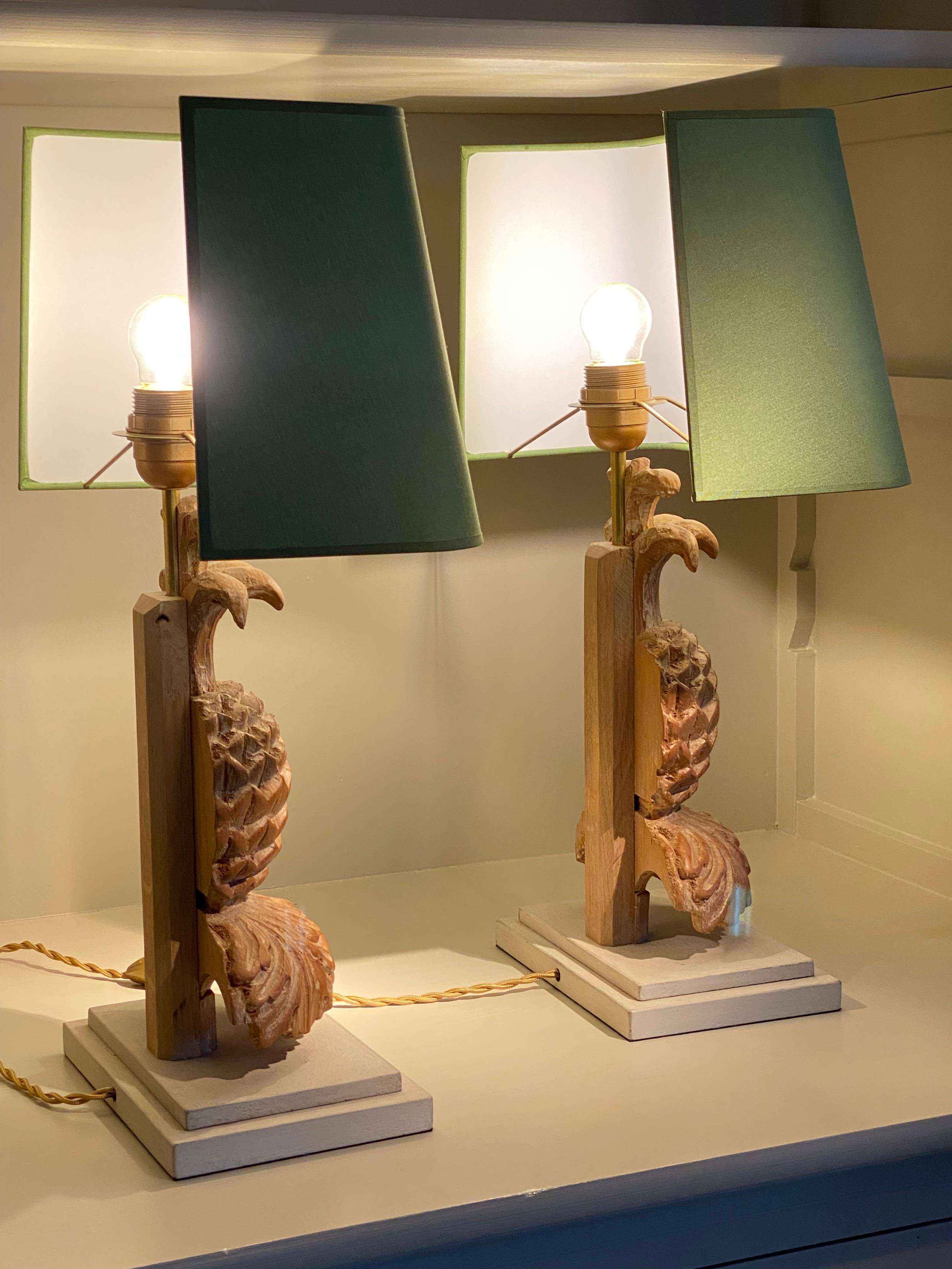 Pair of Vintage Wooden Pineapple Table Lamps with Green Shades, France, 1970 1