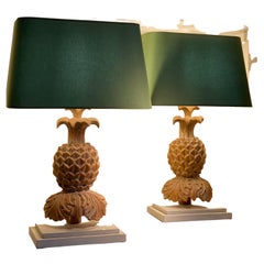 Pair of Vintage Wooden Pineapple Table Lamps with Green Shades, France, 1970