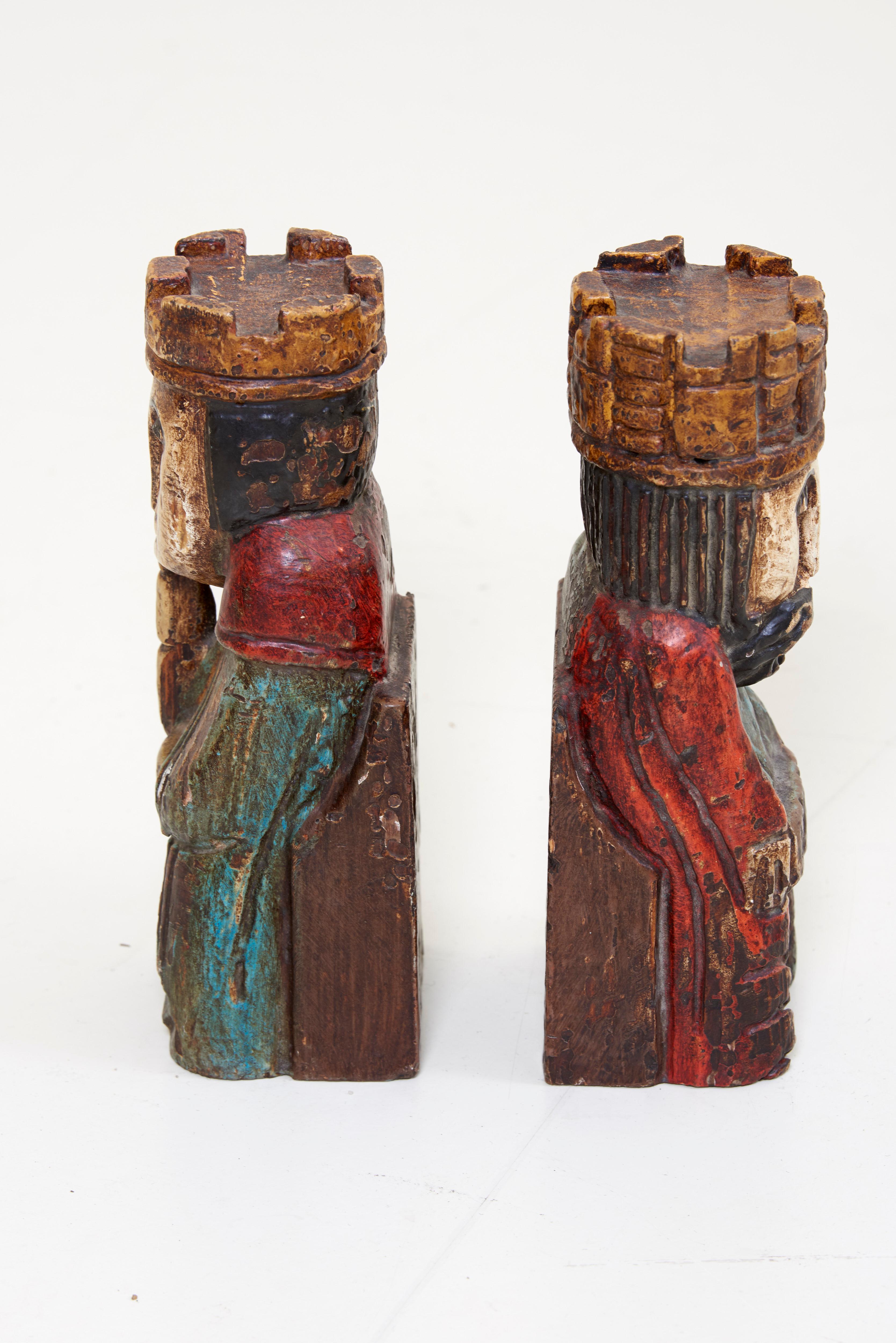 Folk Art Pair of Wooden Queen and King Bookends