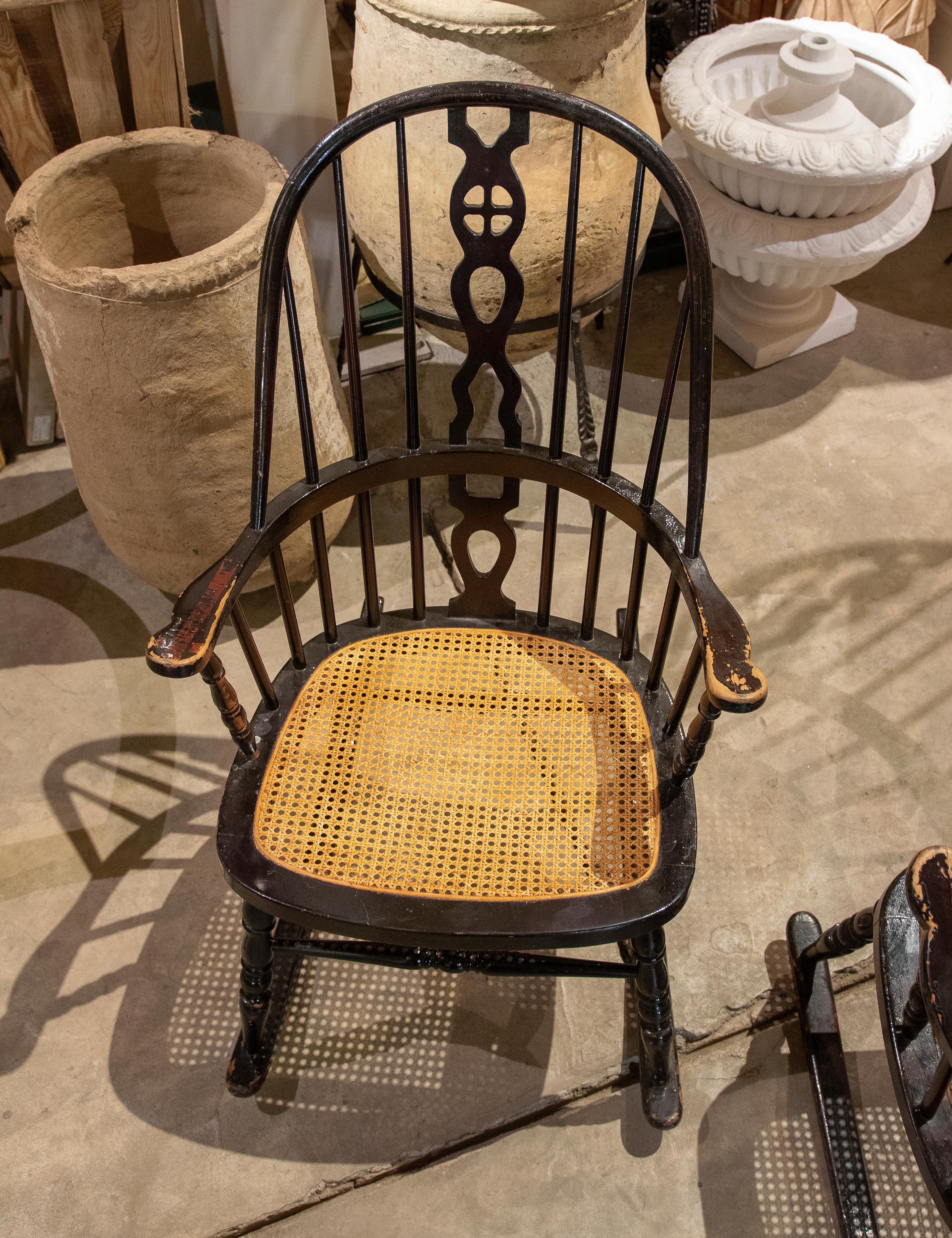 Pair of Wooden Rocking Chairs with Raffia Seat For Sale 6