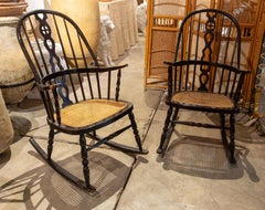 Pair of Wooden Rocking Chairs with Raffia Seat
