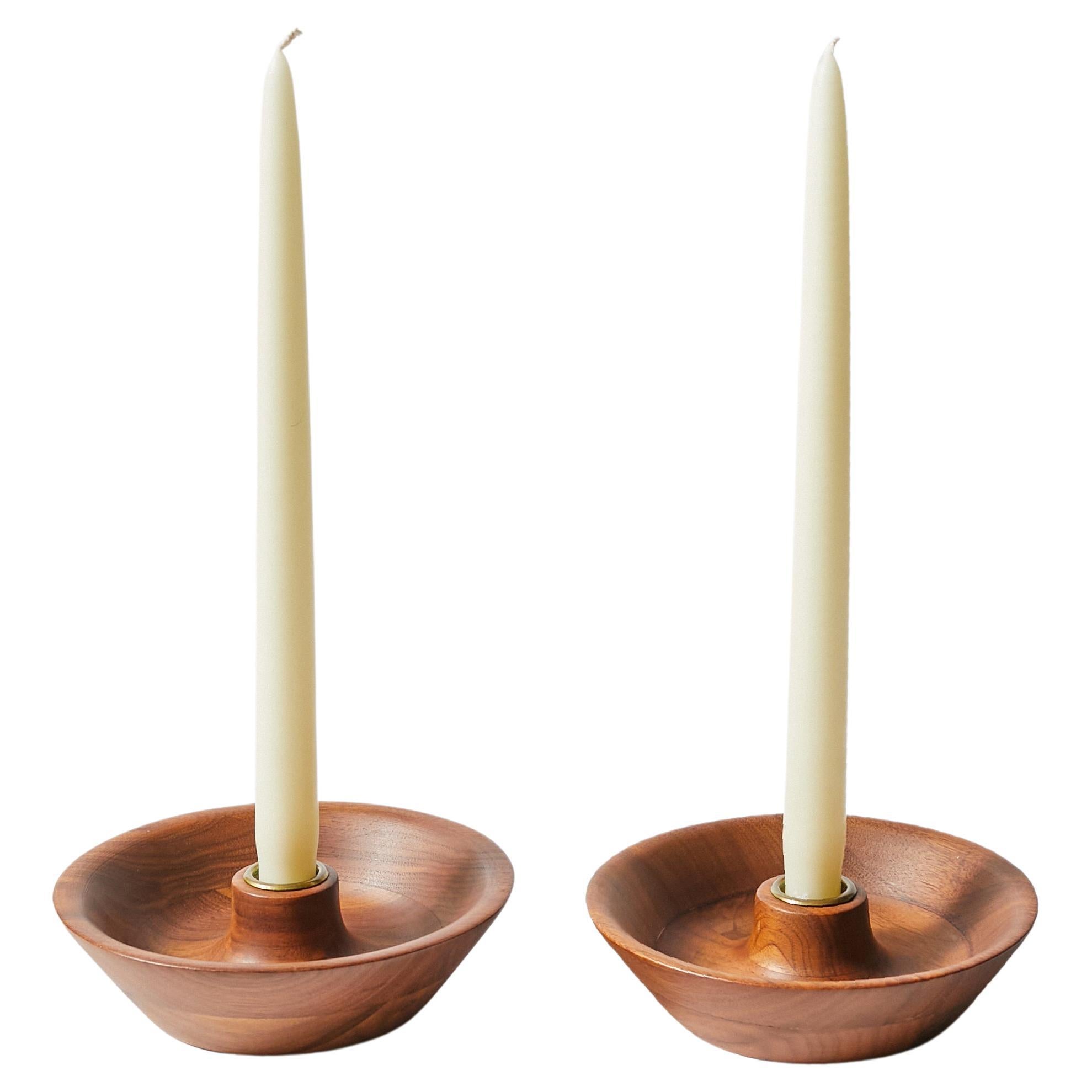 Pair of Wooden Saucer Tray Candle Holders by Dansk For Sale