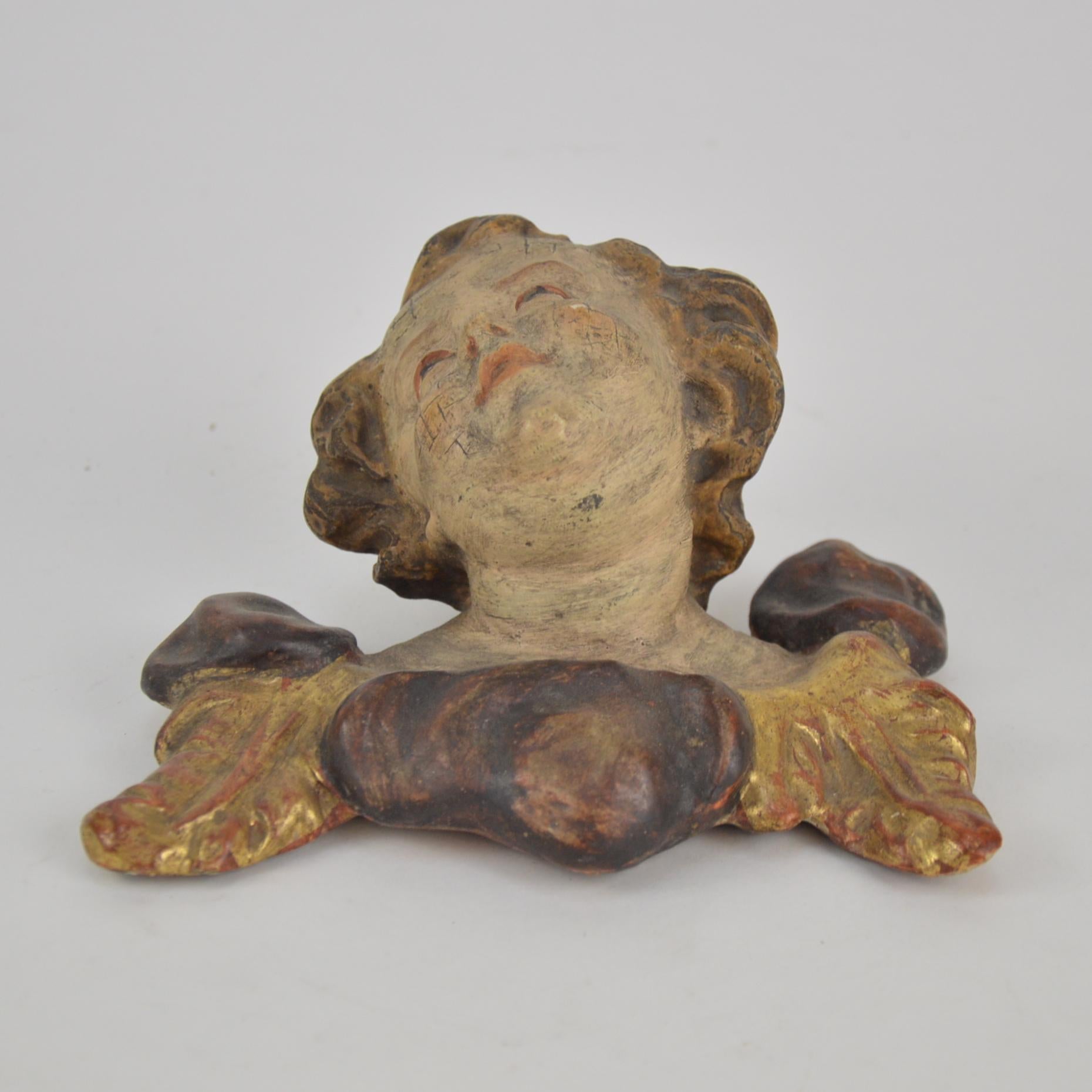 French Pair of Wooden Sculptures Angel Heads, 19th Century