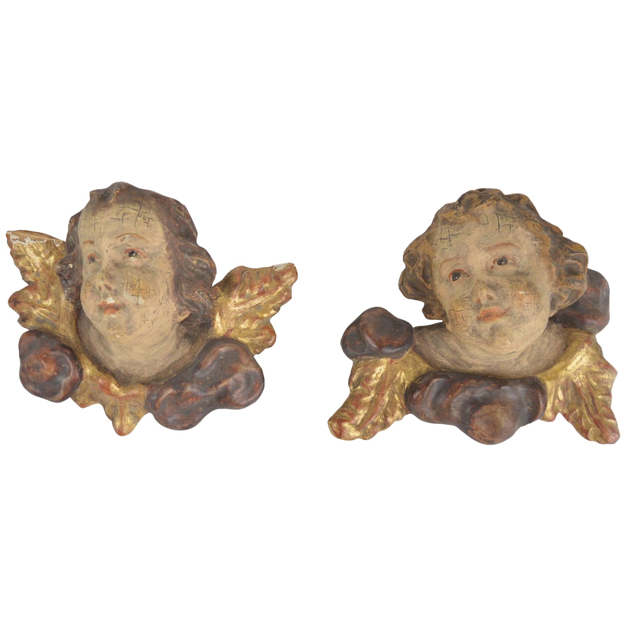 Pair of Wooden Sculptures Angel Heads, 19th Century