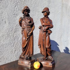Pair Of Wooden Sculptures, H70cm, 19th Century