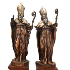 Pair of Wooden Sculptures Representing 2 Bishops