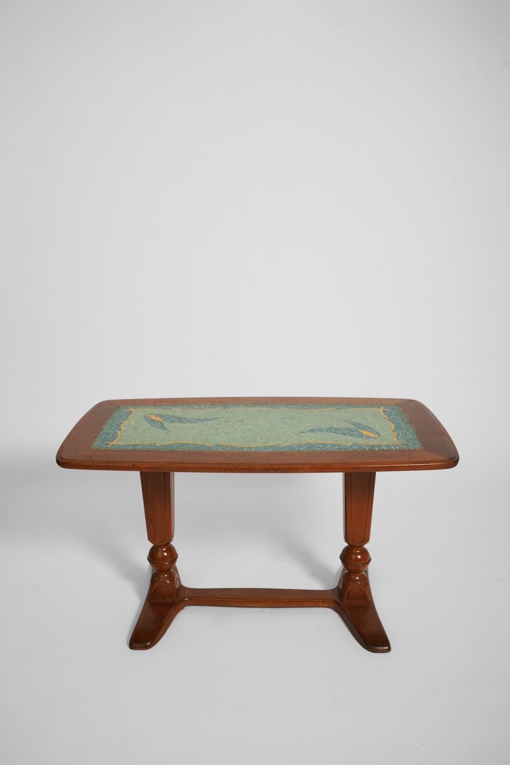 French Pair of Wooden side-table with a ceramic mosaic top. France, 1950s. For Sale