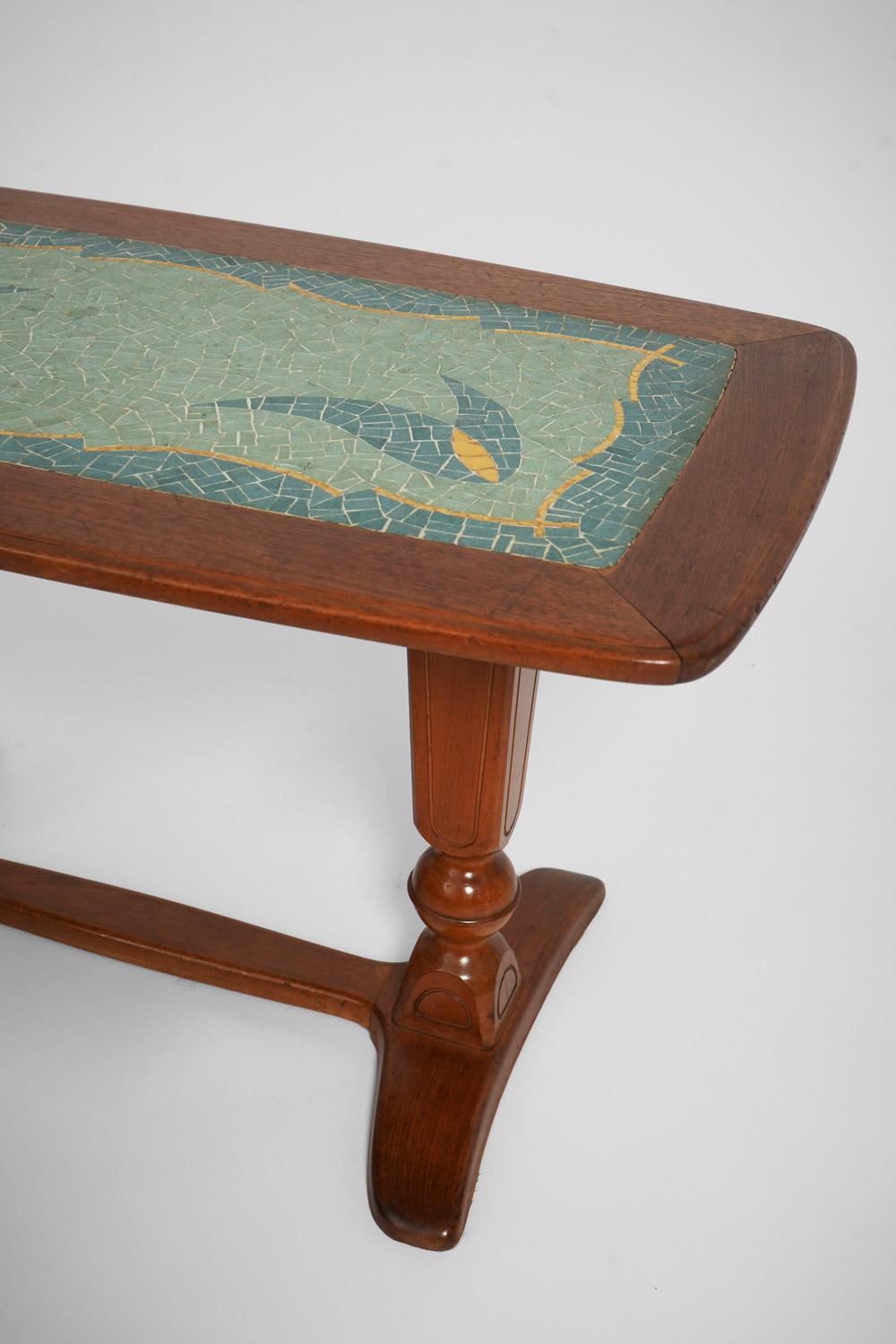 Pair of Wooden side-table with a ceramic mosaic top. France, 1950s. In Good Condition For Sale In Lisboa, PT