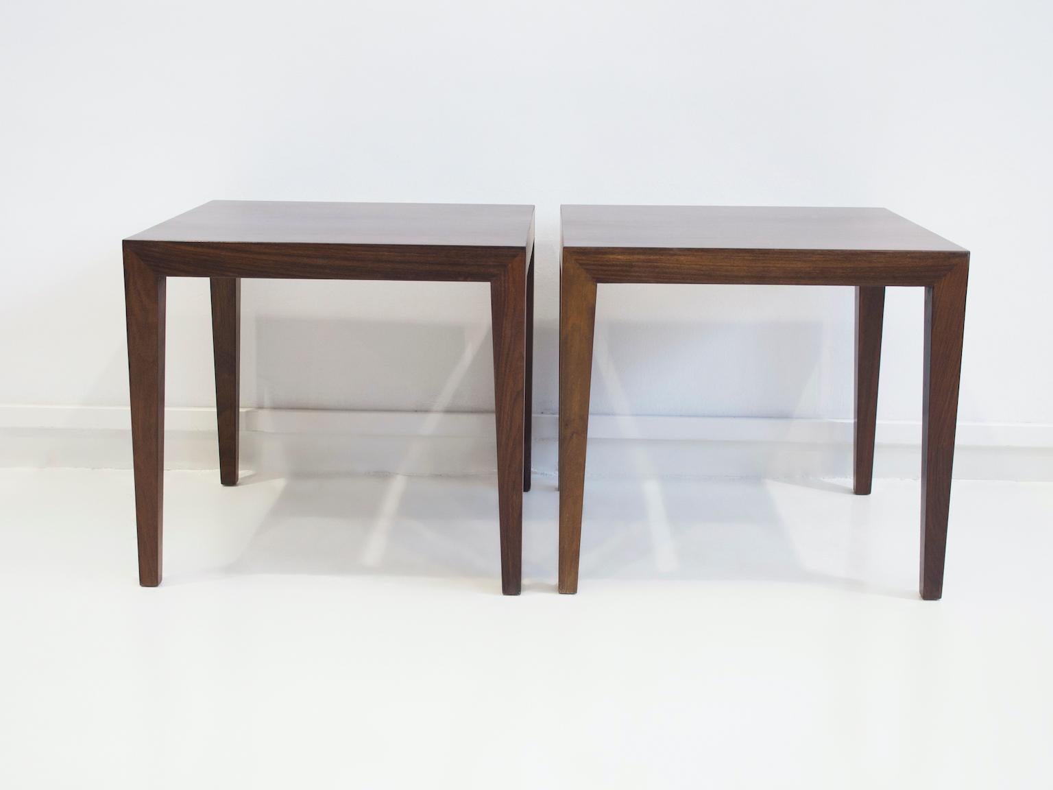 Pair of minimalist hardwood side tables with tapered legs. Designed by Severin Hansen Jr. and manufactured by Haslev Møbelsnedkeri A/S in Denmark.