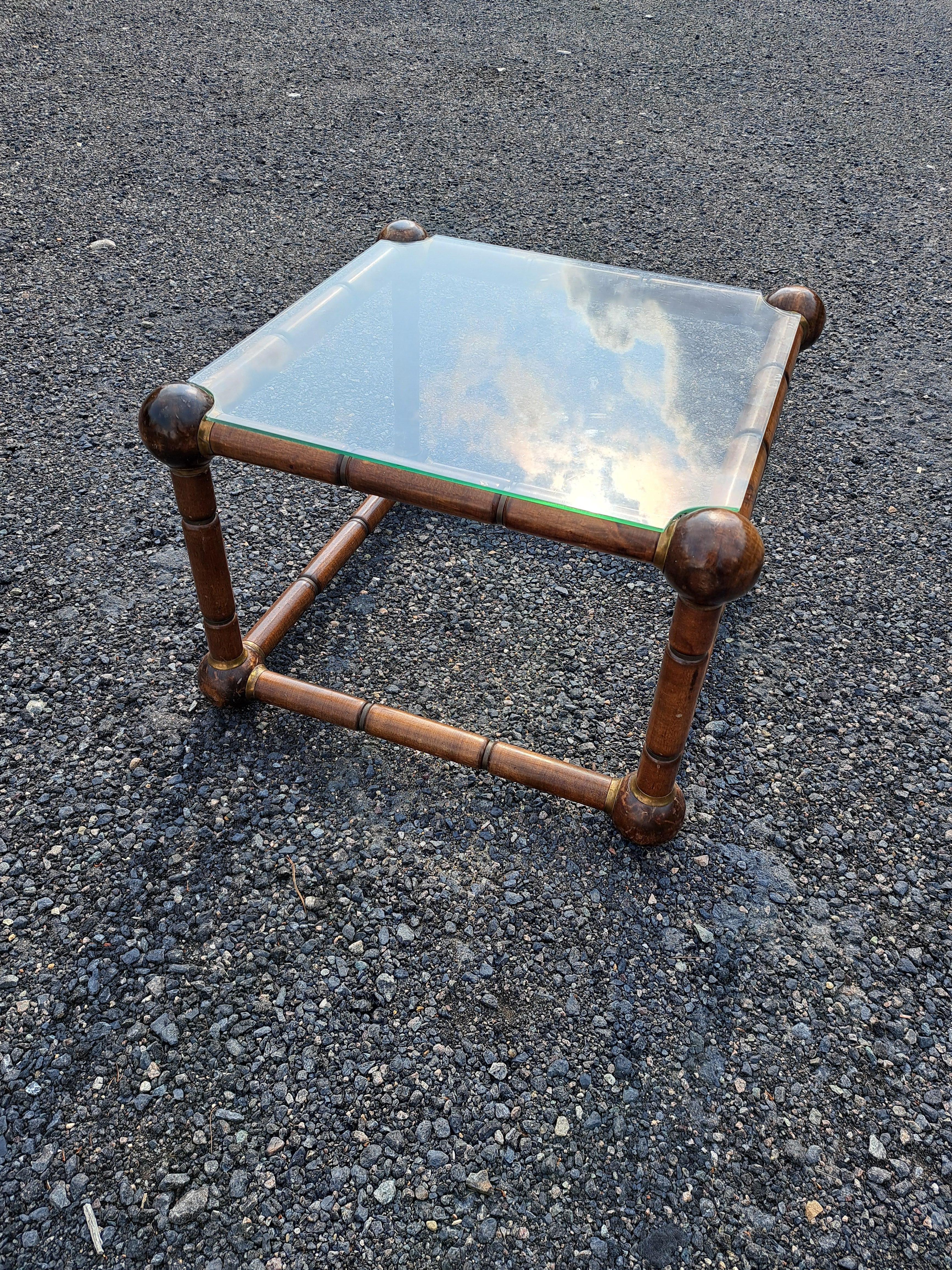 American Pair of Wooden Side Tables with Brass Accents and Custom Glass Top For Sale