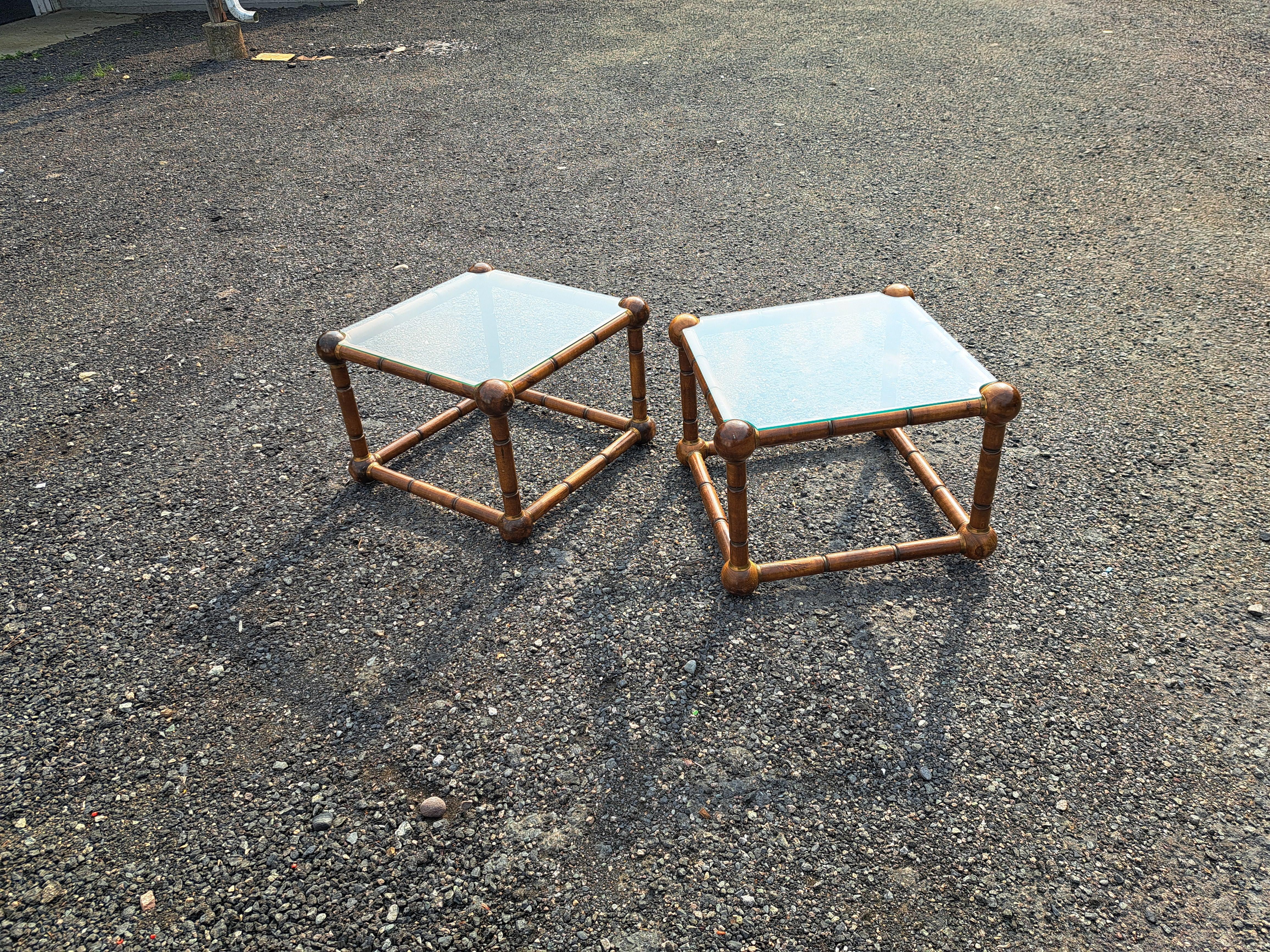 Pair of Wooden Side Tables with Brass Accents and Custom Glass Top In Good Condition For Sale In East Freetown, MA