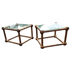 Pair of Wooden Side Tables with Brass Accents and Custom Glass Top