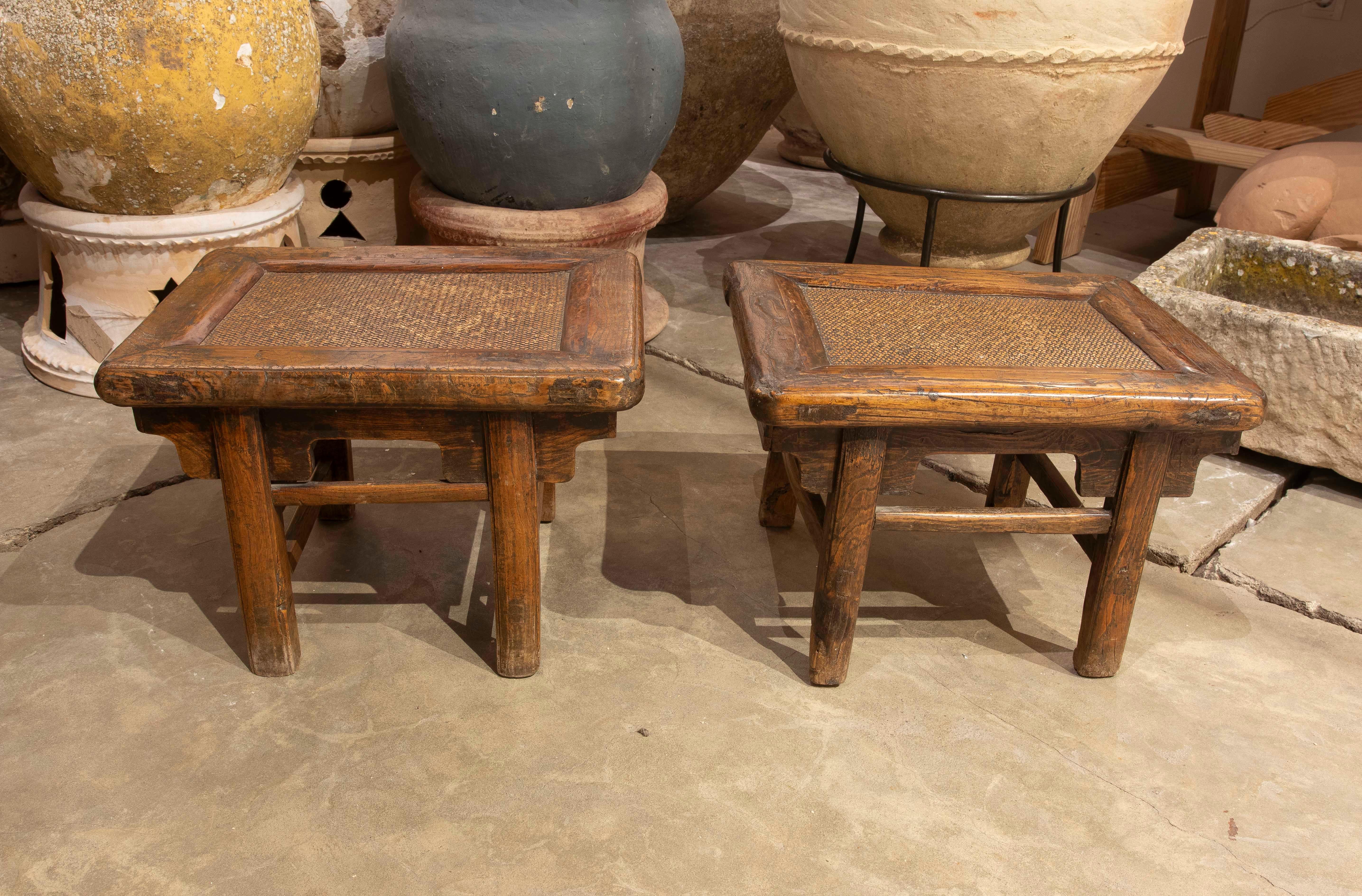 Pair of Wooden Side Tables with Raffia Tops 7