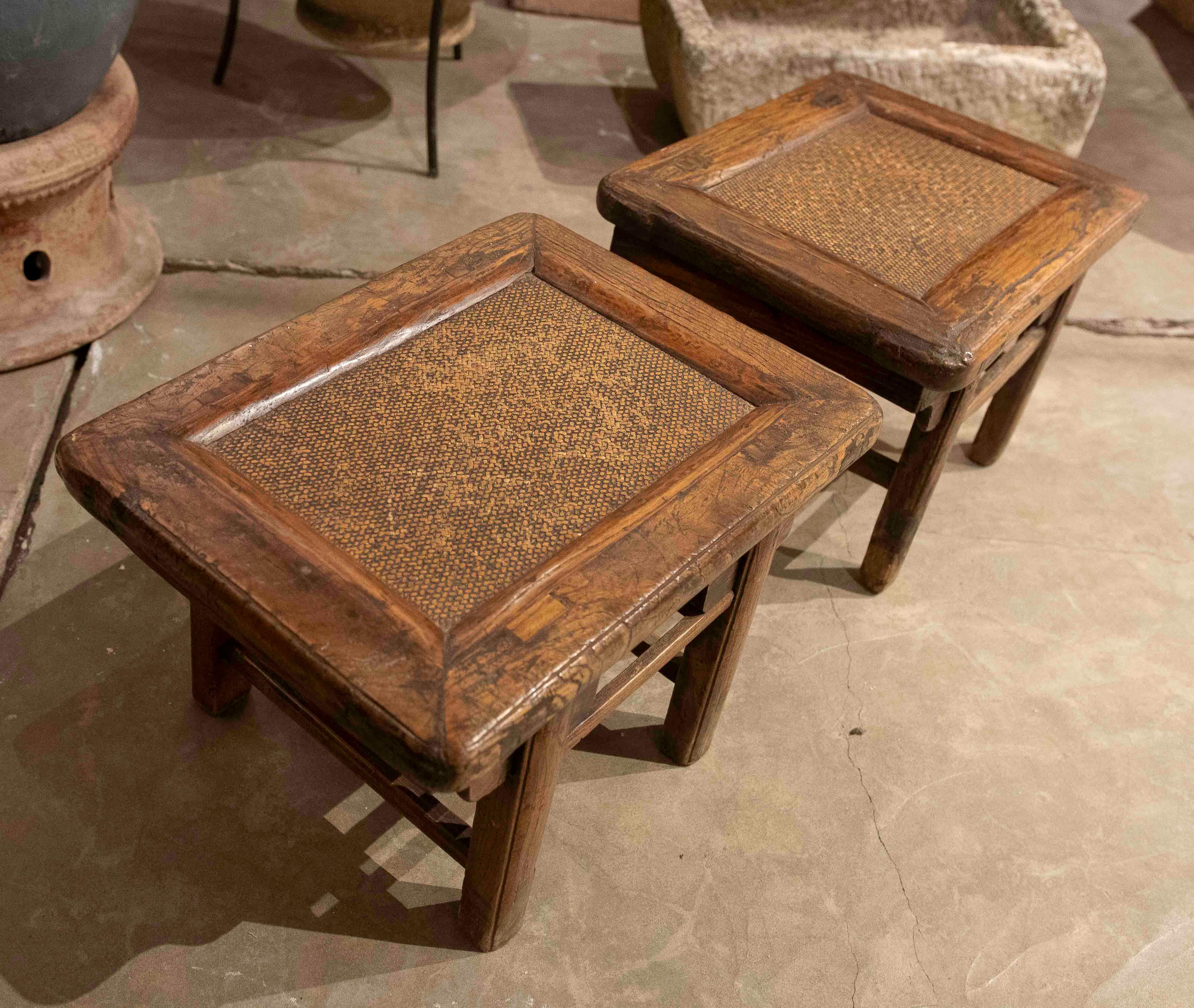 Pair of Wooden Side Tables with Raffia Tops 11