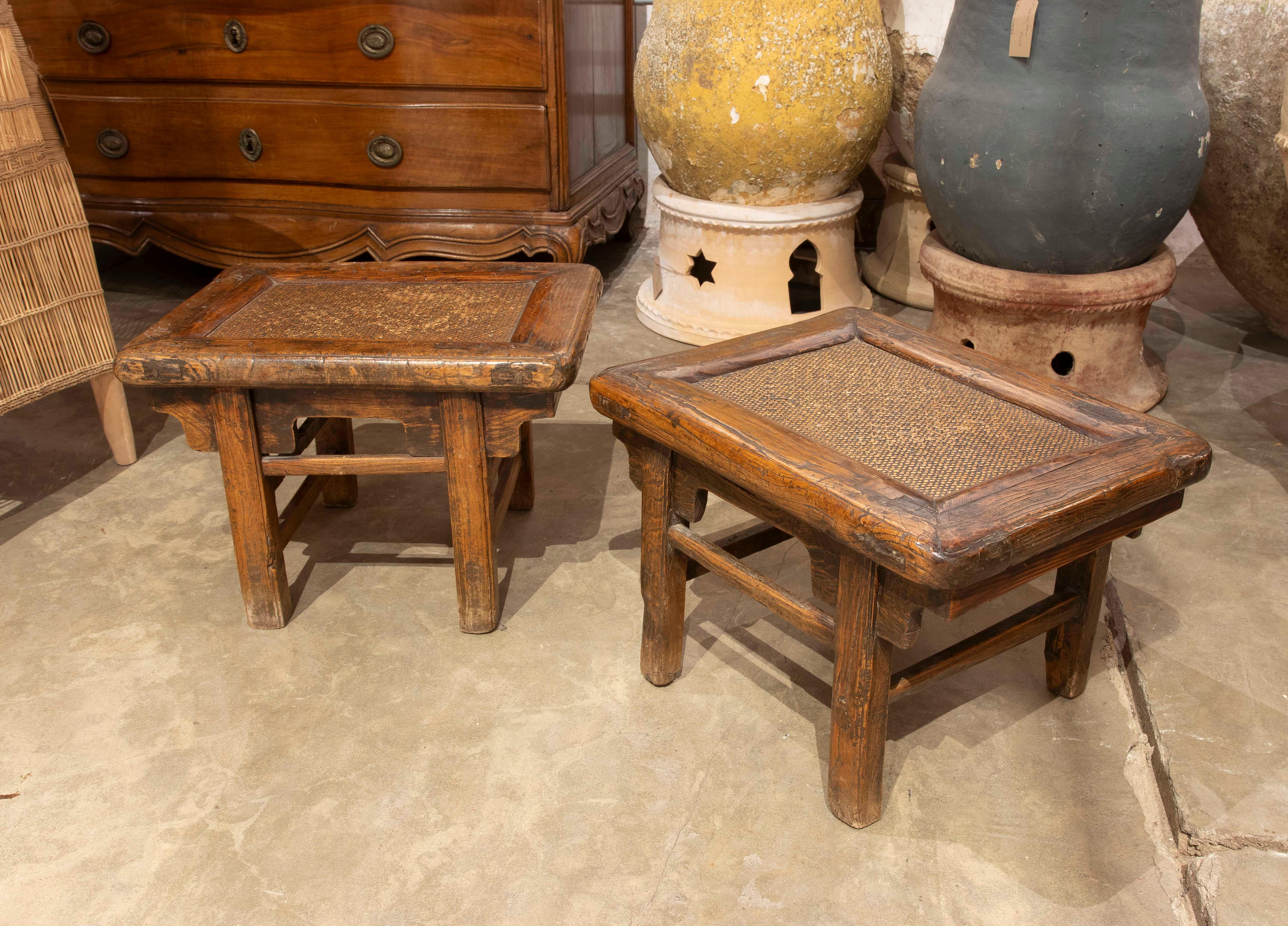 Pair of Wooden Side Tables with Raffia Tops 