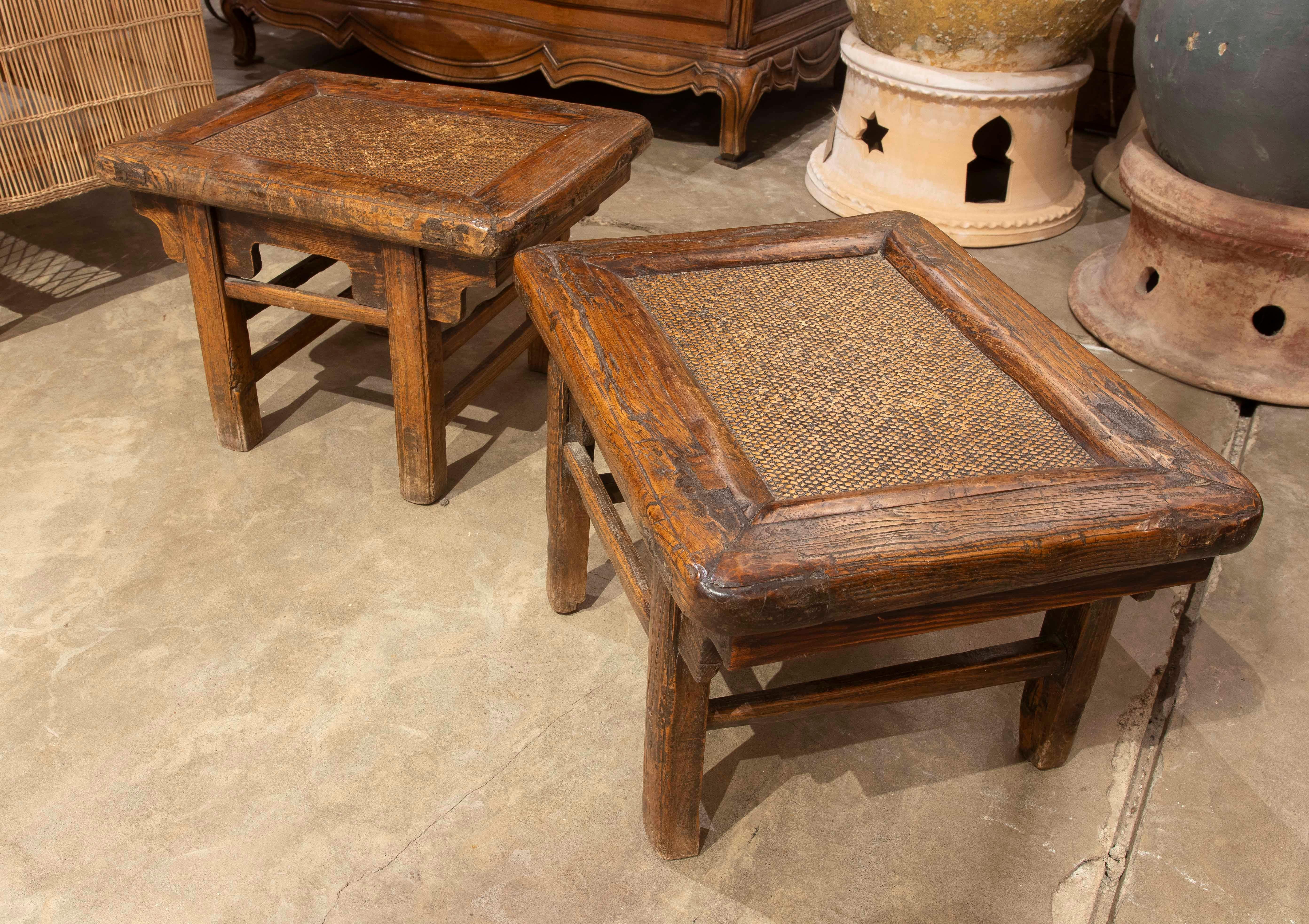 Chinese Pair of Wooden Side Tables with Raffia Tops
