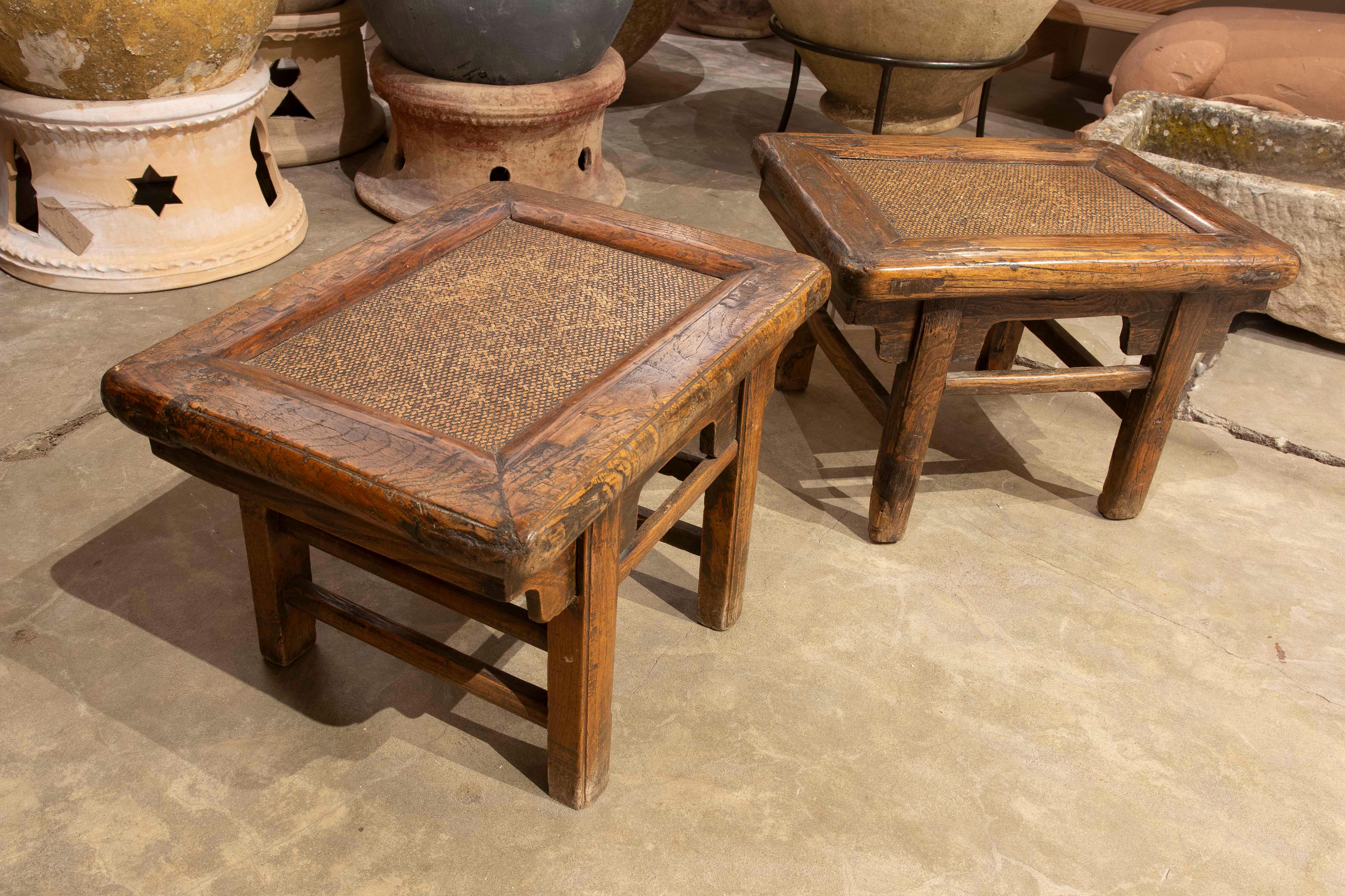 Pair of Wooden Side Tables with Raffia Tops In Good Condition In Marbella, ES