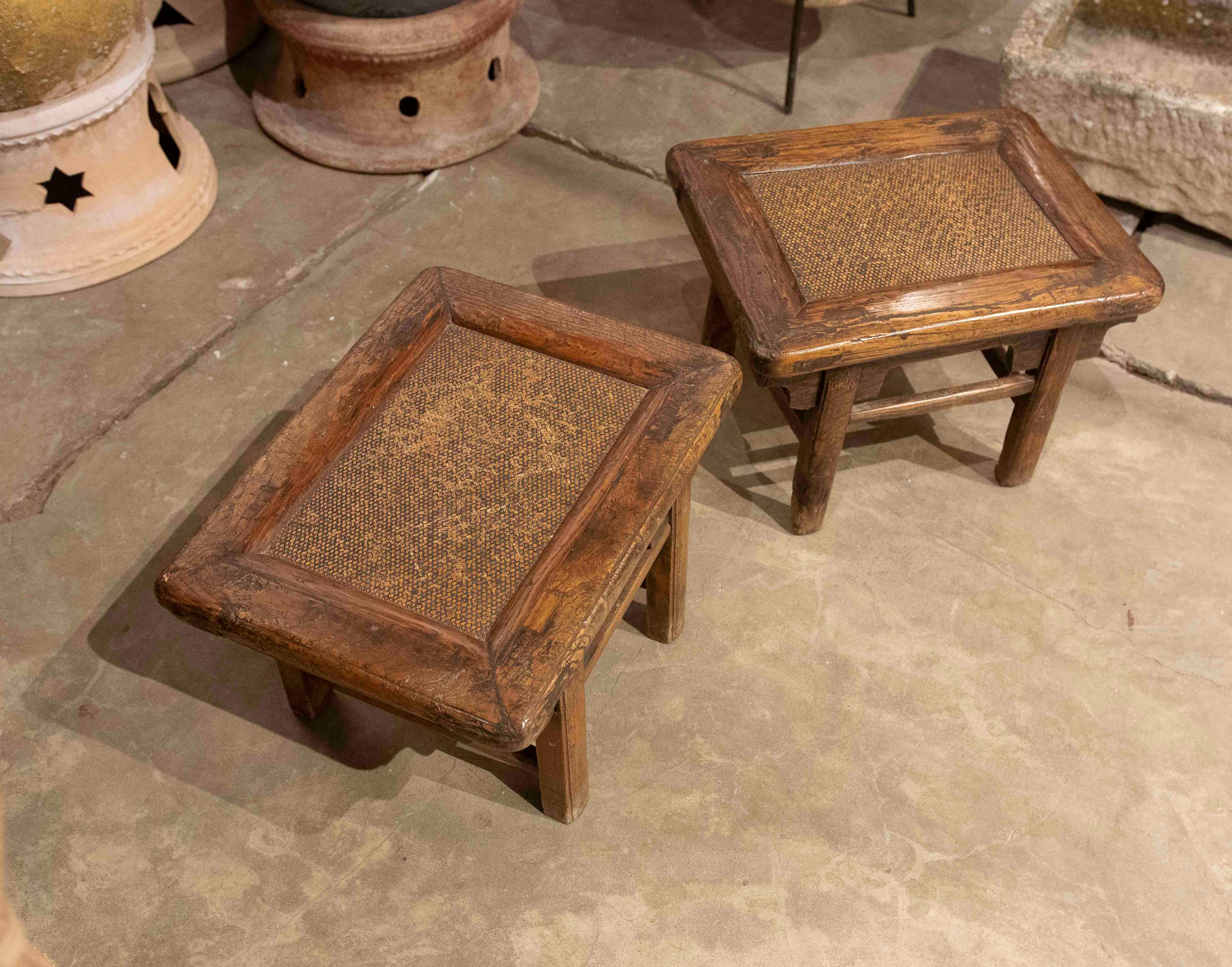 20th Century Pair of Wooden Side Tables with Raffia Tops