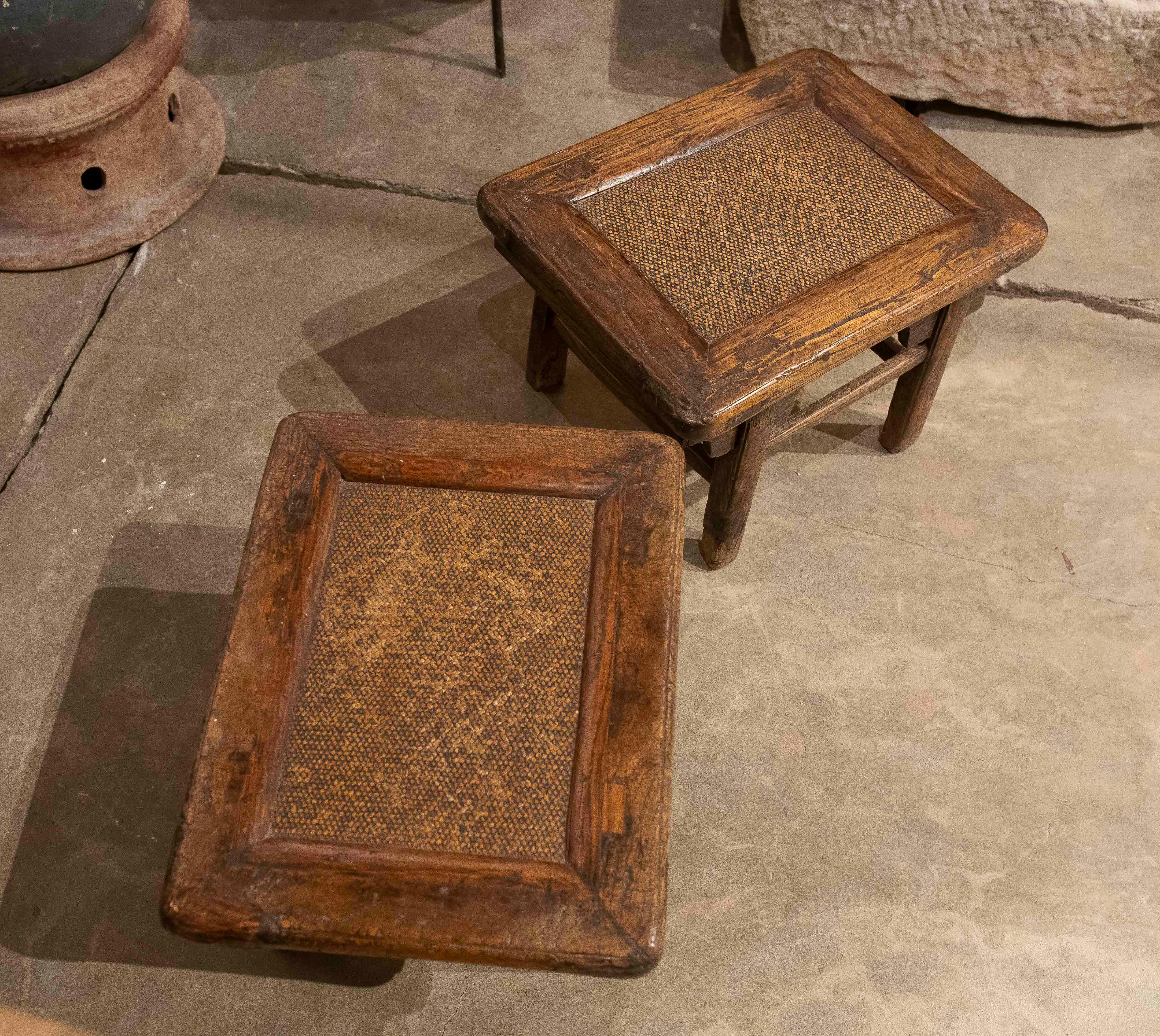 Wicker Pair of Wooden Side Tables with Raffia Tops