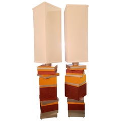 Pair of Orange Wooden Block Lamps