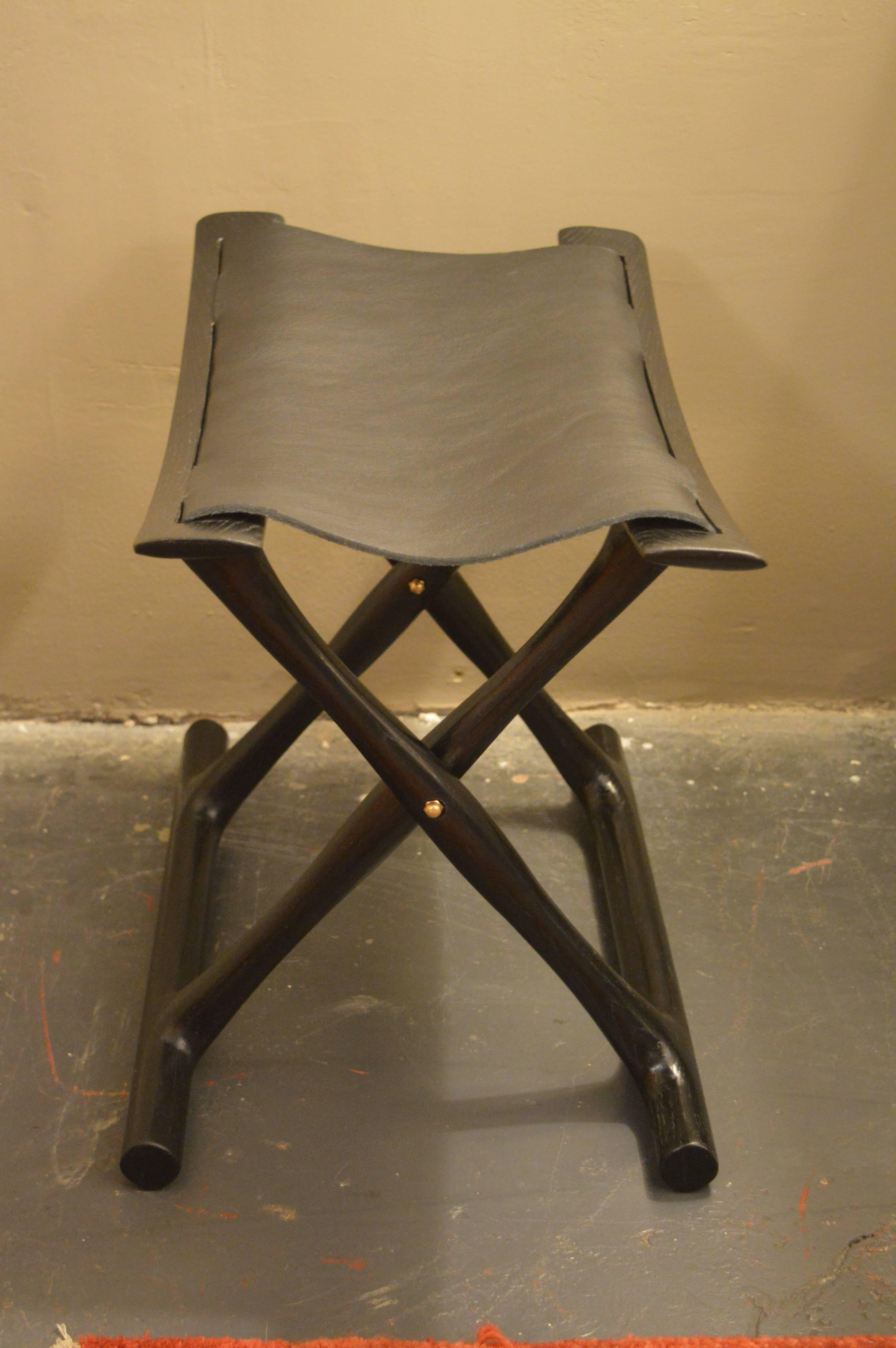 Italian Pair of Wooden Stools with Leather Seats