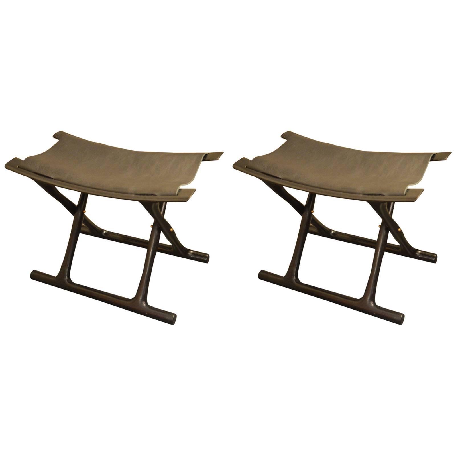 Pair of Wooden Stools with Leather Seats