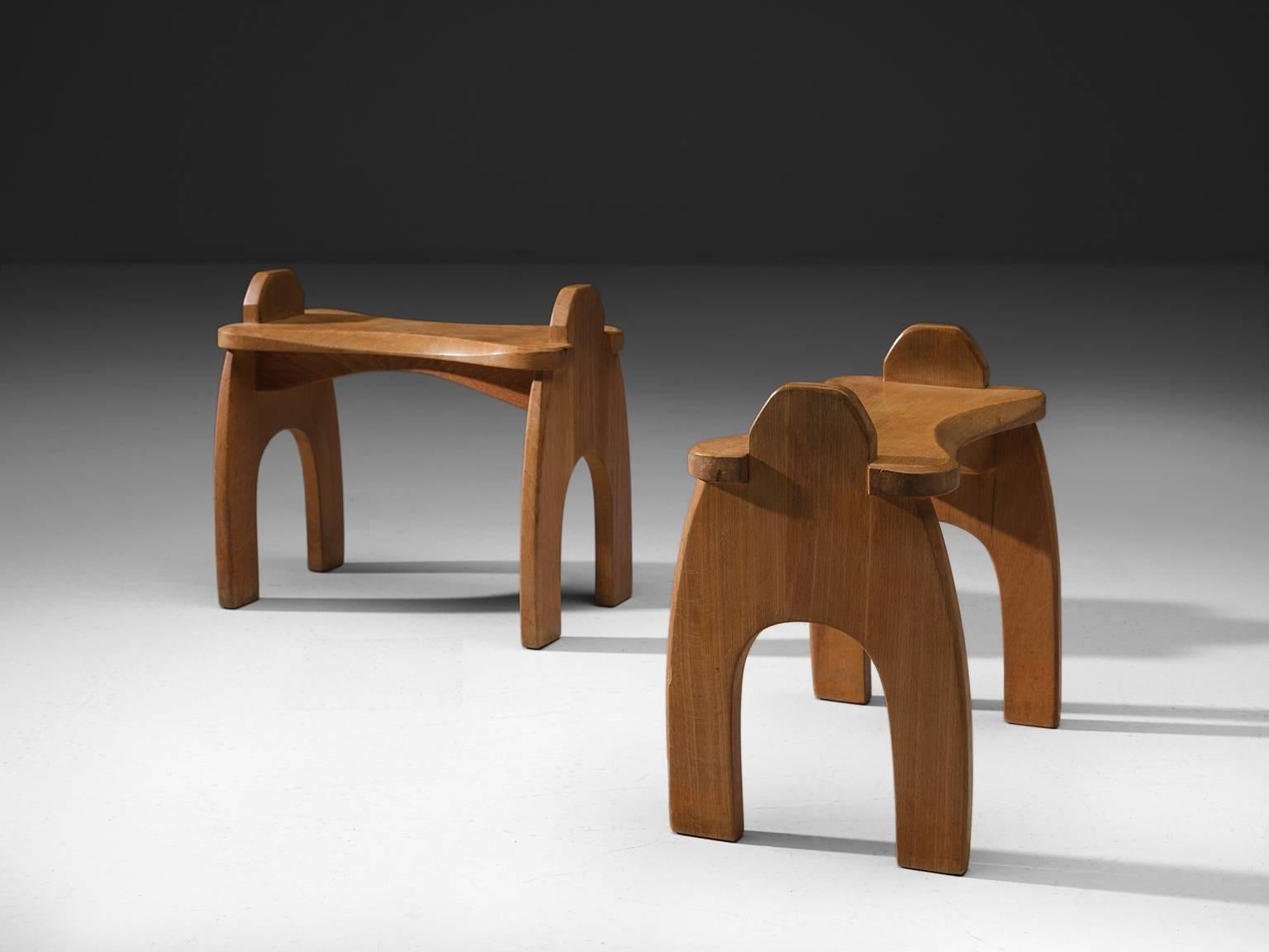 Mid-Century Modern Pair of Wooden Stools, Solid Oak, 1950s, Europe