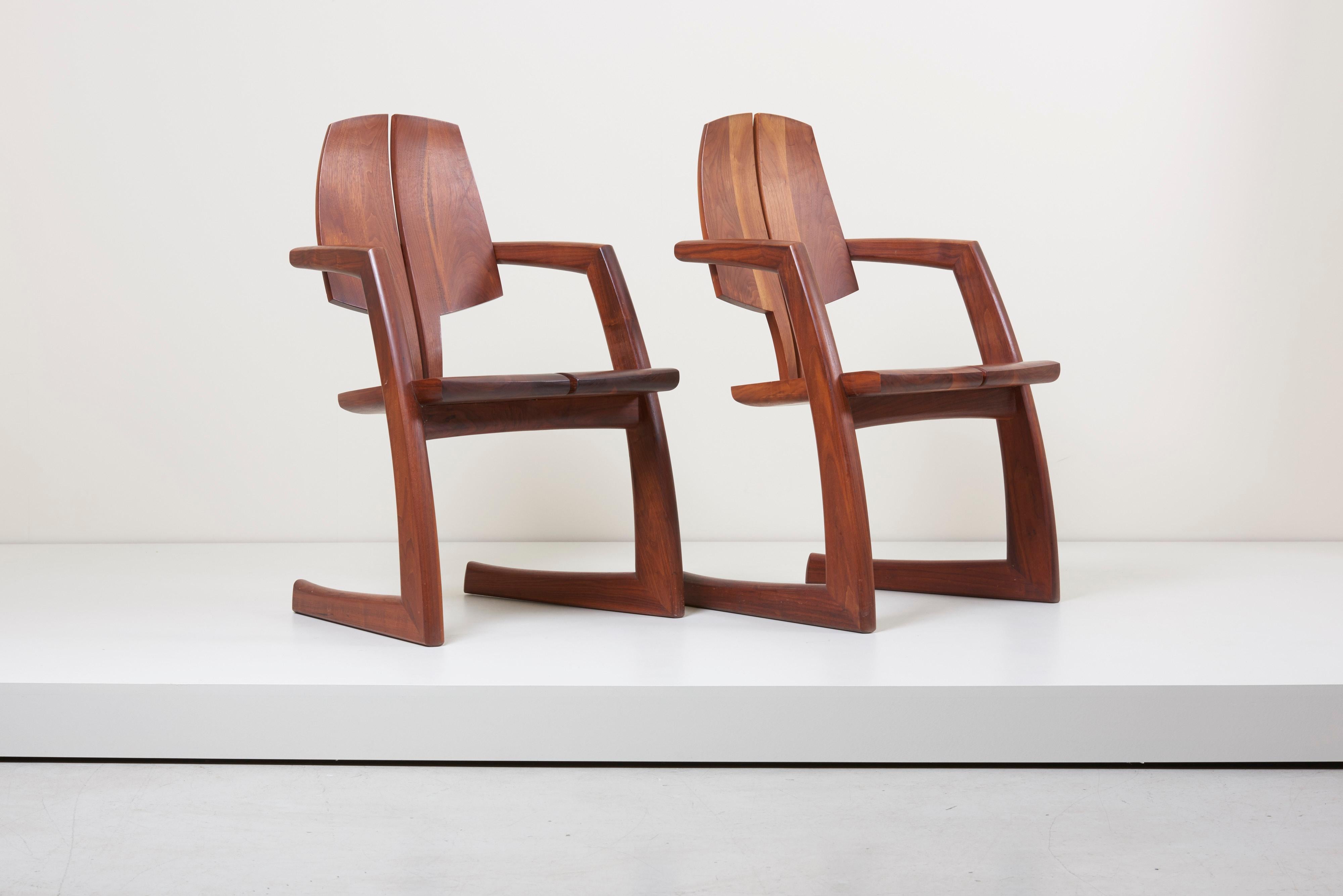 American Craftsman Pair of Wooden Studio Armchairs by H. Wayne Raab, US, 1970s